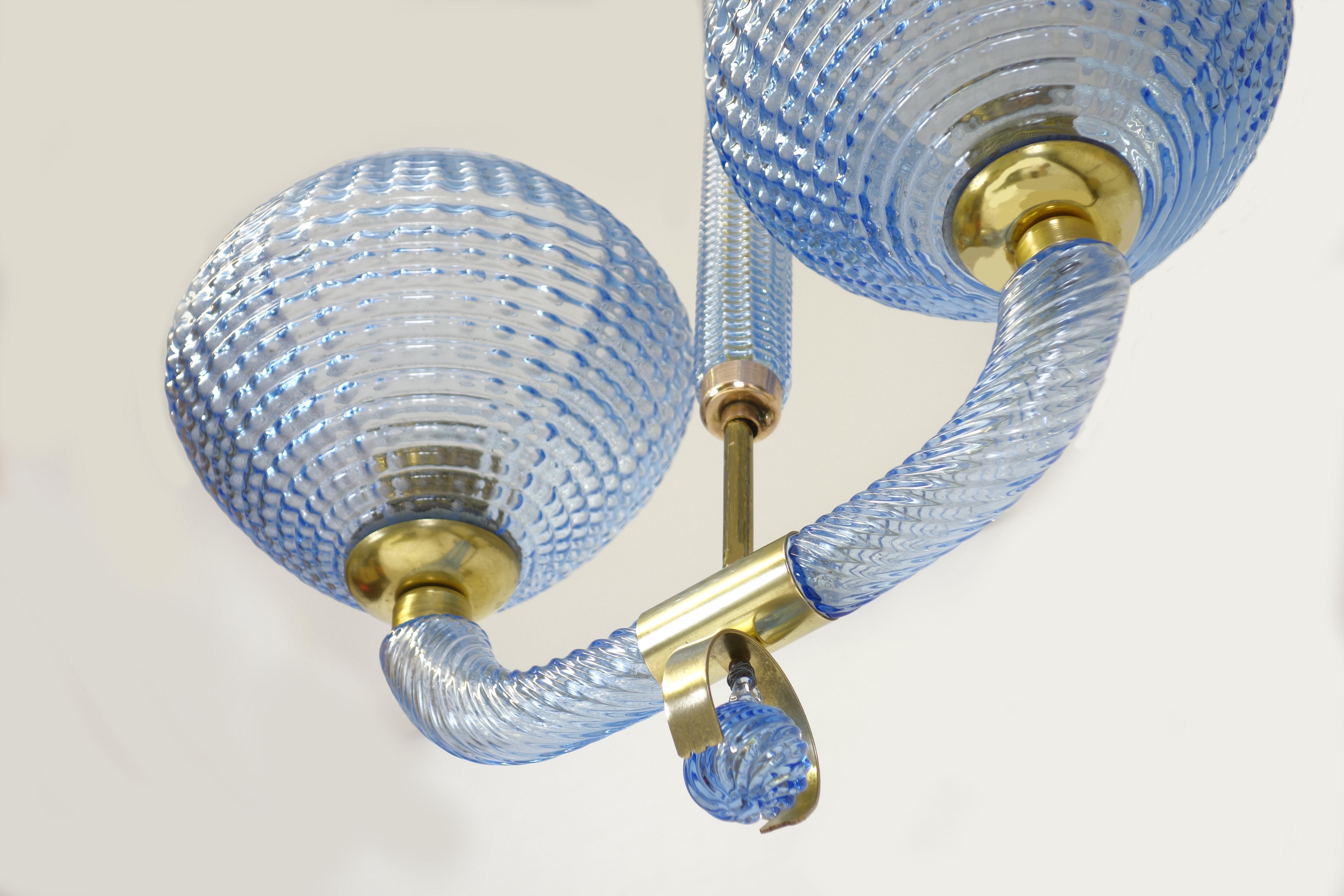 Mid-20th Century Chandelier by Barovier & Toso, Murano glass blue 1940s brass finishing