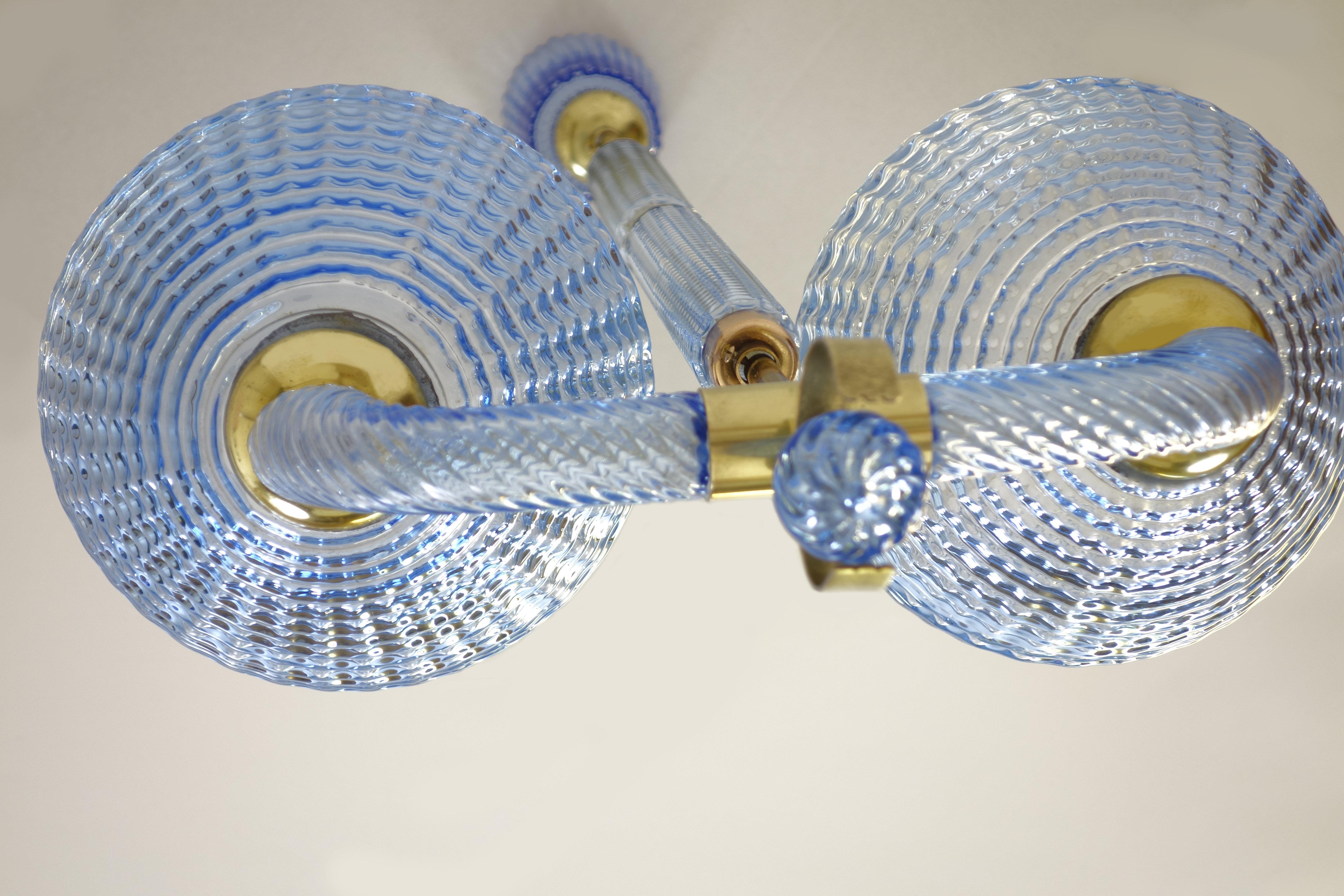 Brass Chandelier by Barovier & Toso, Murano glass blue 1940s brass finishing For Sale