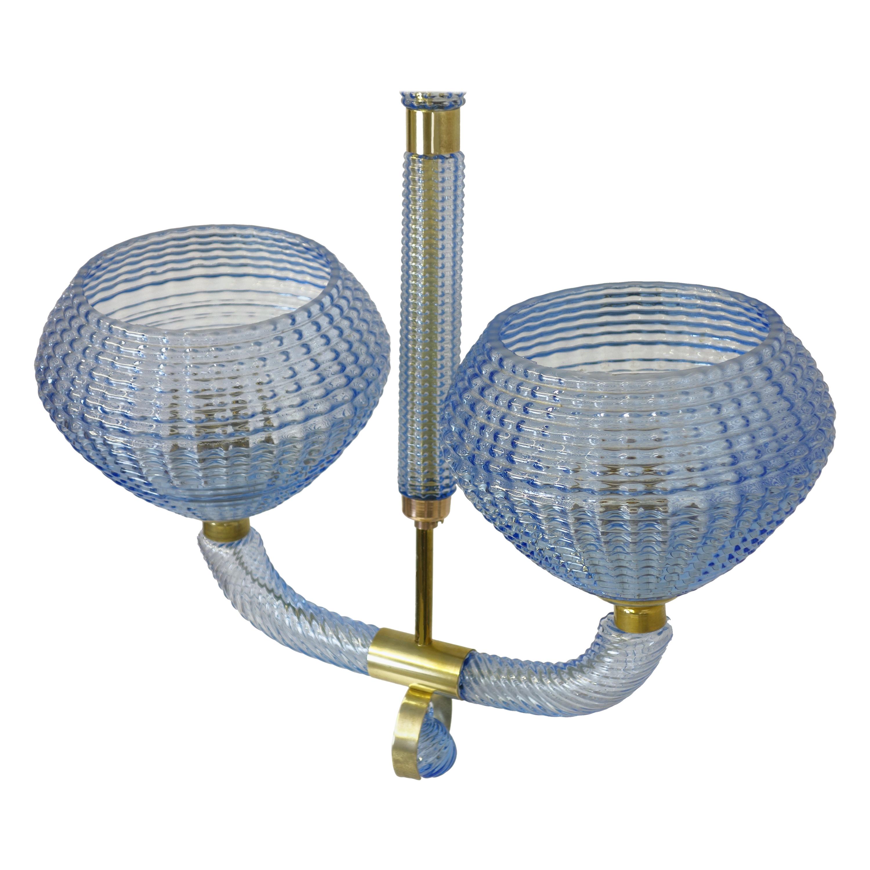 Chandelier by Barovier & Toso, Murano glass blue 1940s brass finishing