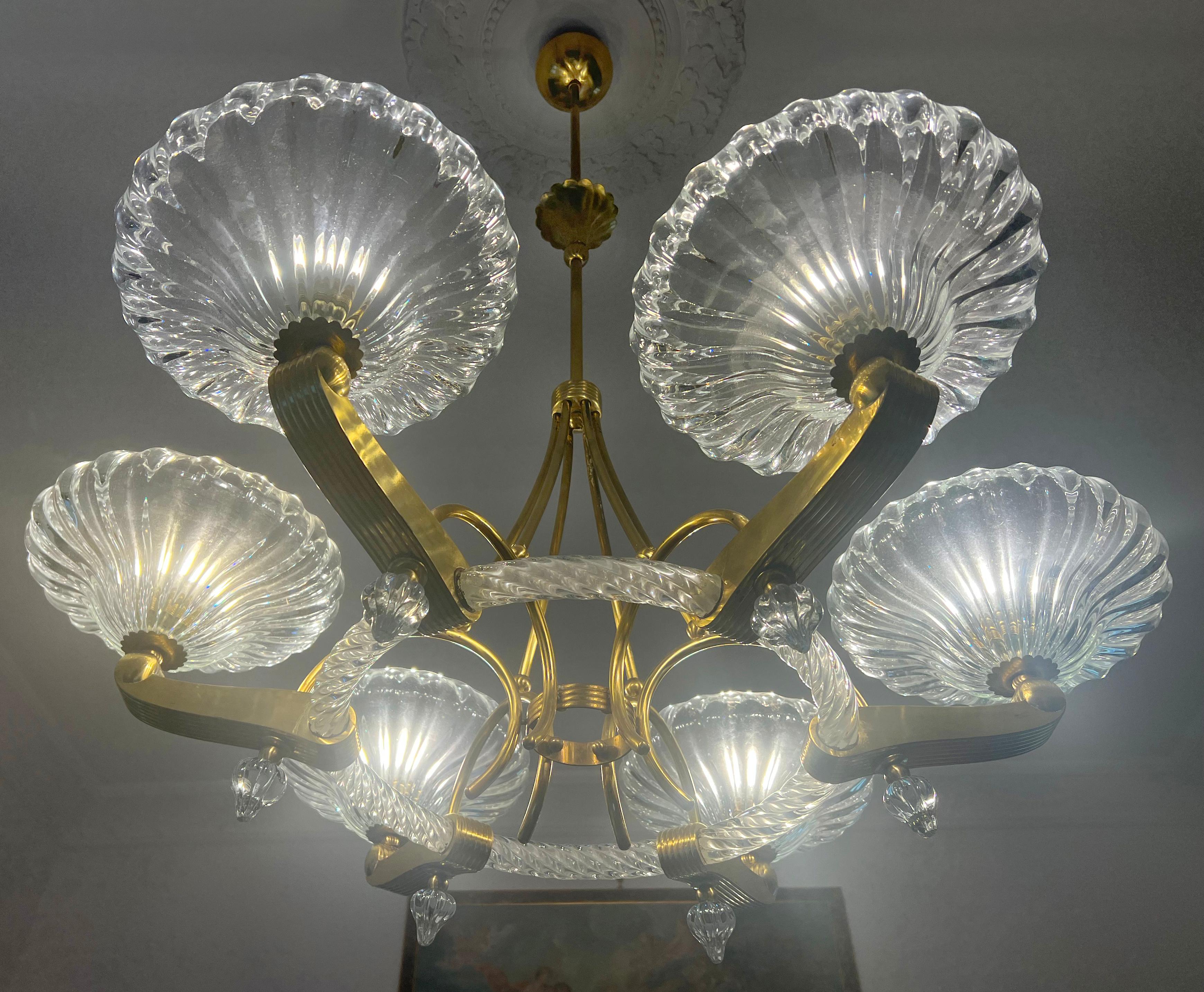 Extraordinary 6-cup chandelier from the renowned Murano artistic glassworks. From the personal collection of Baron Von Planta.