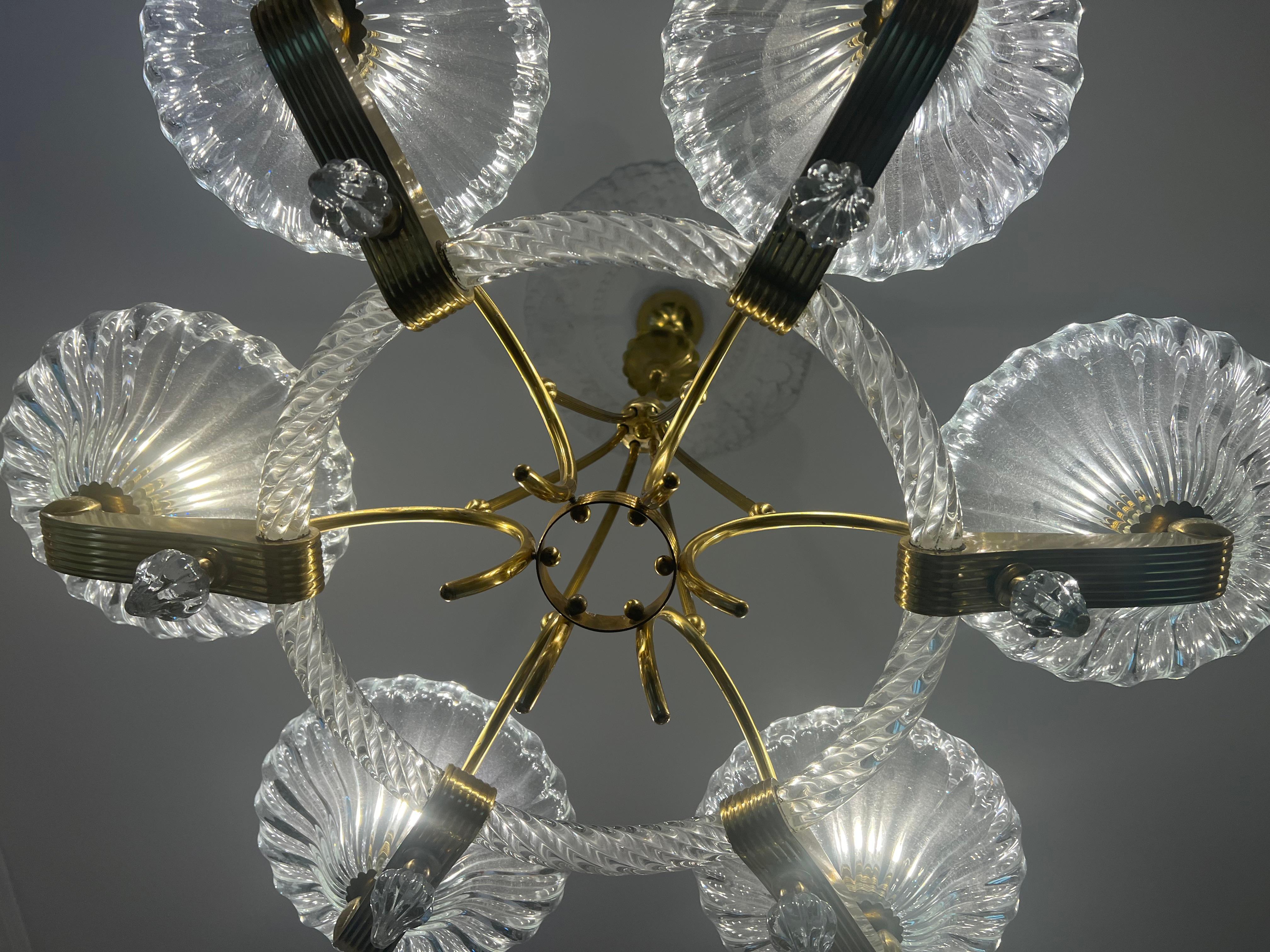 Brass Chandelier by Barovier & Toso, Murano, 1940 For Sale