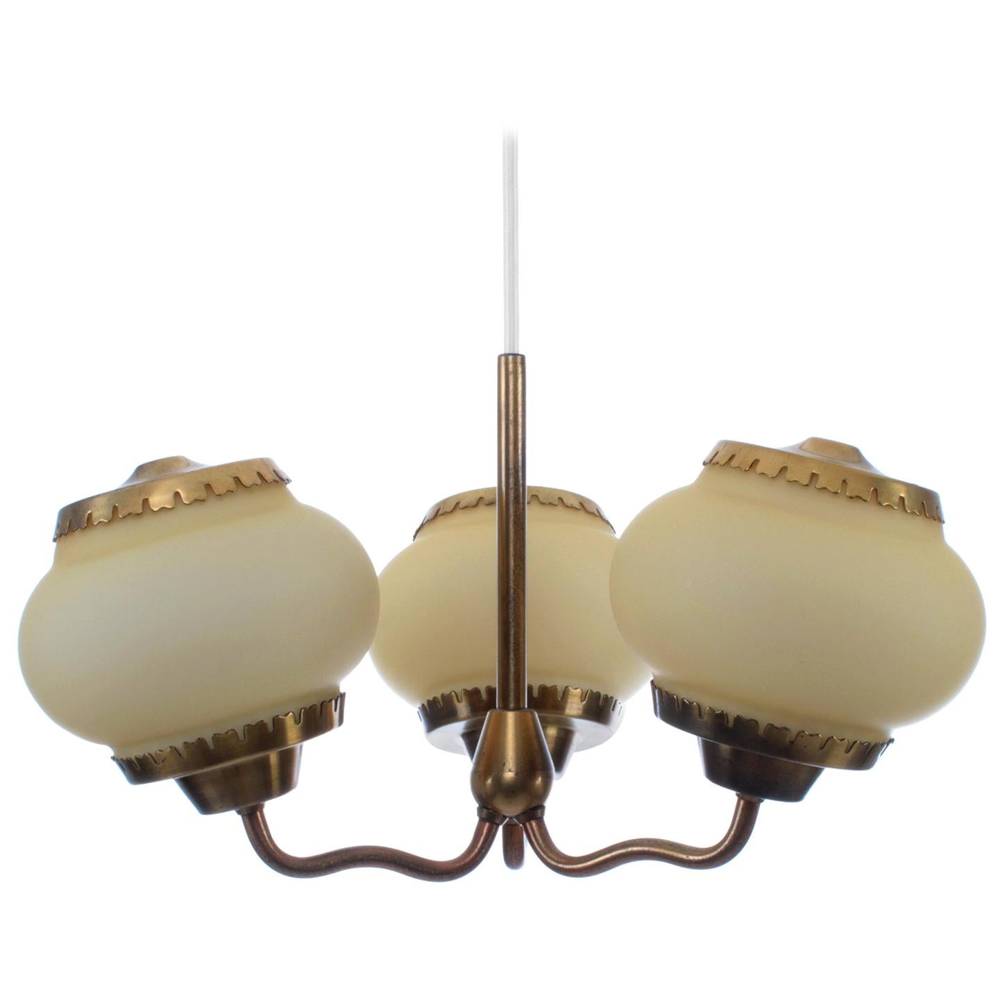 Chandelier by Bent Karlby Lyfa 1940s Beautiful Danish Modern Brass and Opal Lamp For Sale