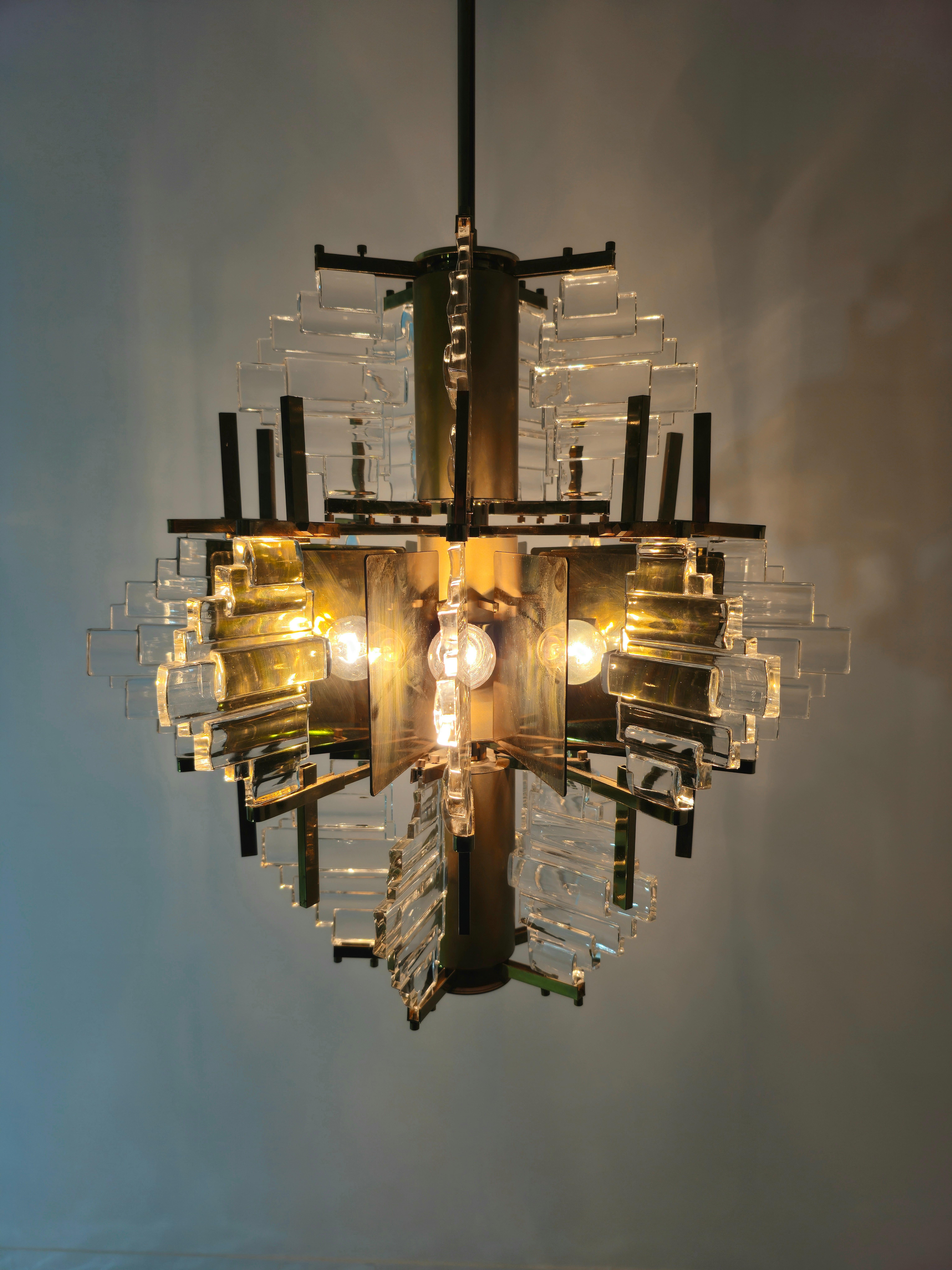 Chandelier by Gaetano Sciolari Glass and Golden Steel Design Italy 1970s For Sale 7