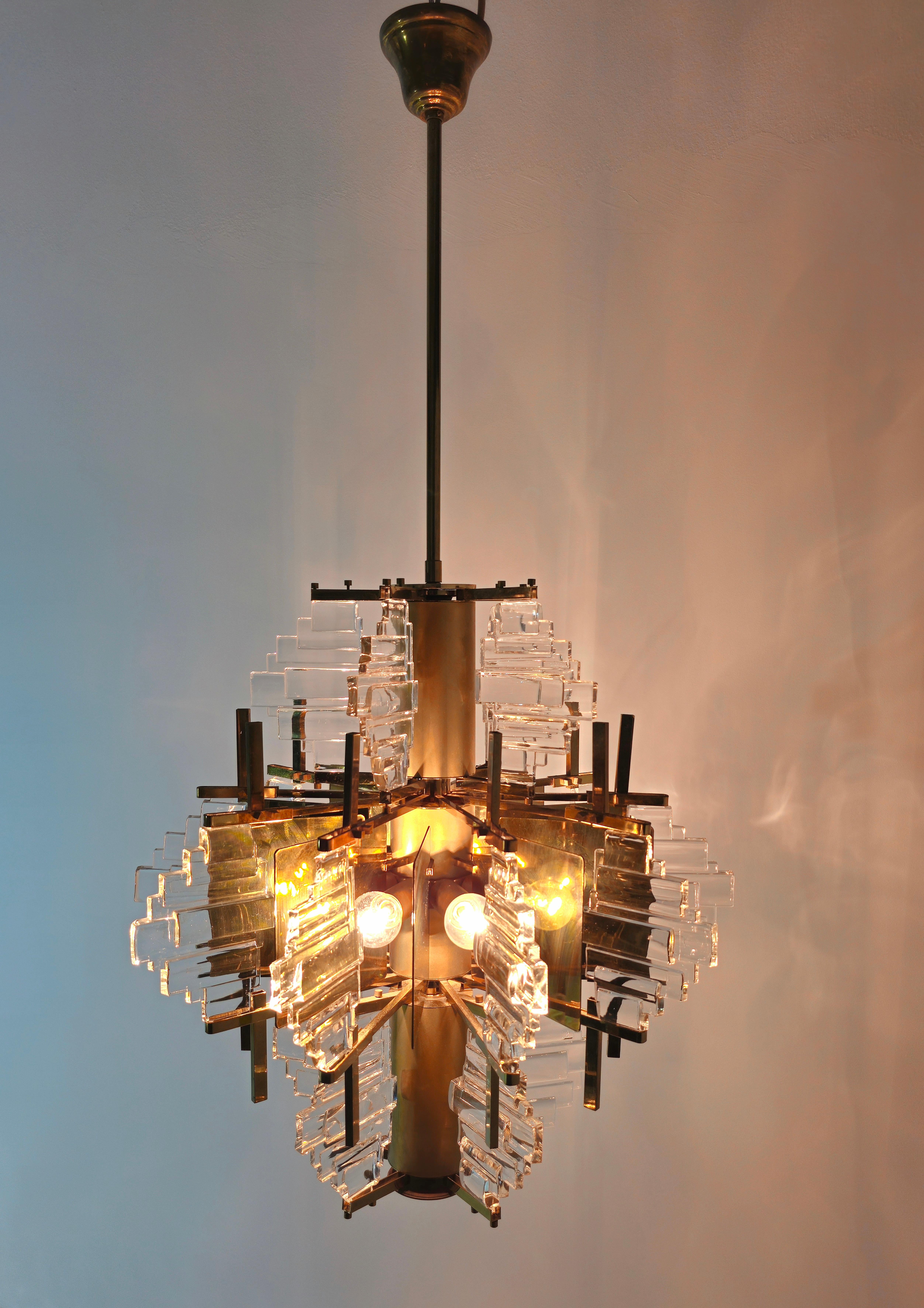 Chandelier by Gaetano Sciolari Glass and Golden Steel Design Italy 1970s For Sale 8
