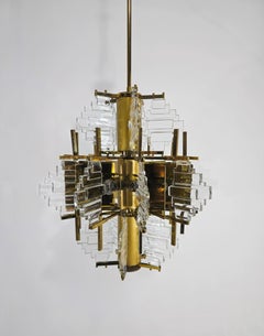 Lampadario di Gaetano Sciolari Vetro e acciaio dorato Design Italia anni '70