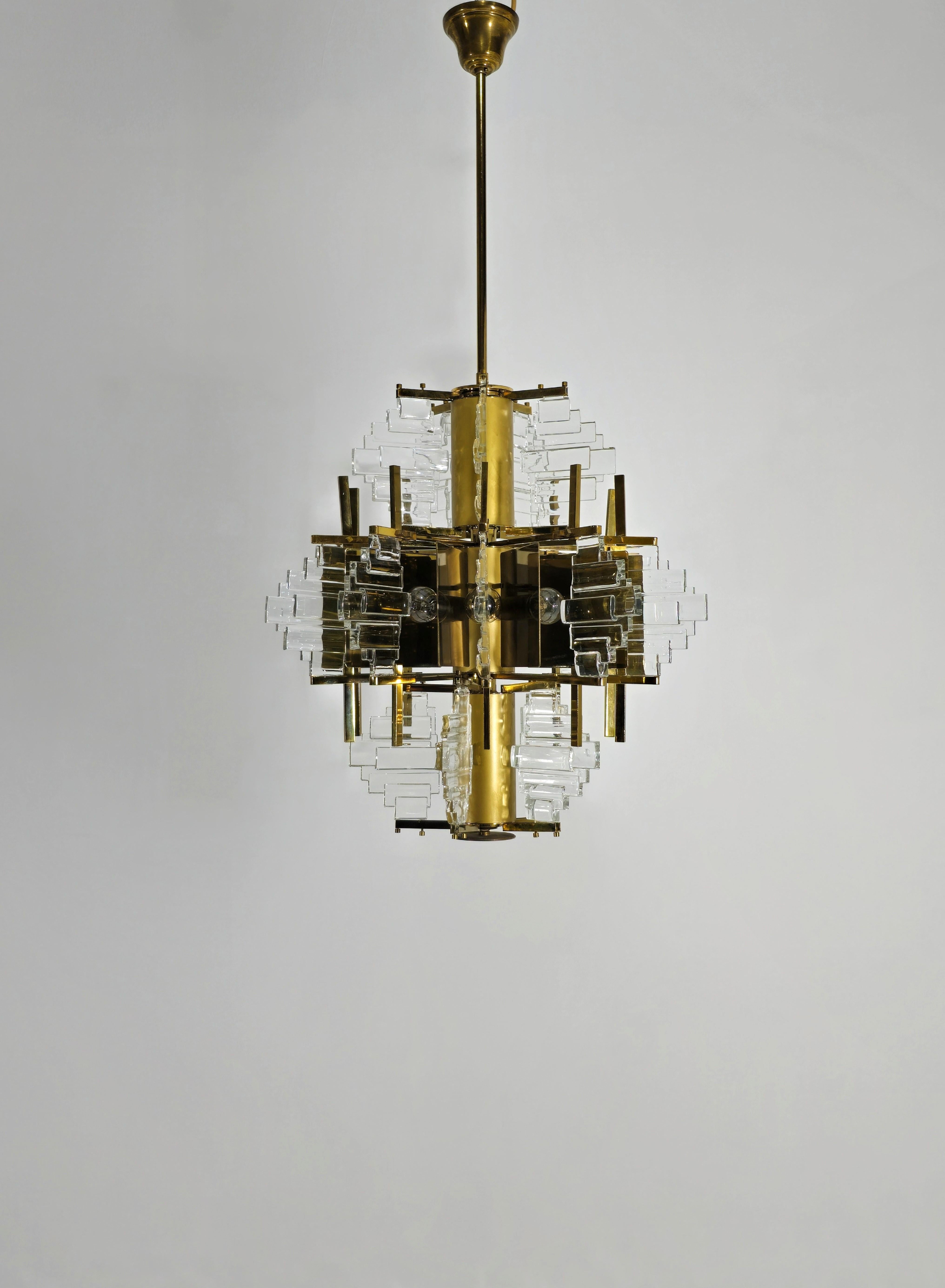Mid-Century Modern Chandelier by Gaetano Sciolari Glass and Golden Steel Design Italy 1970s For Sale