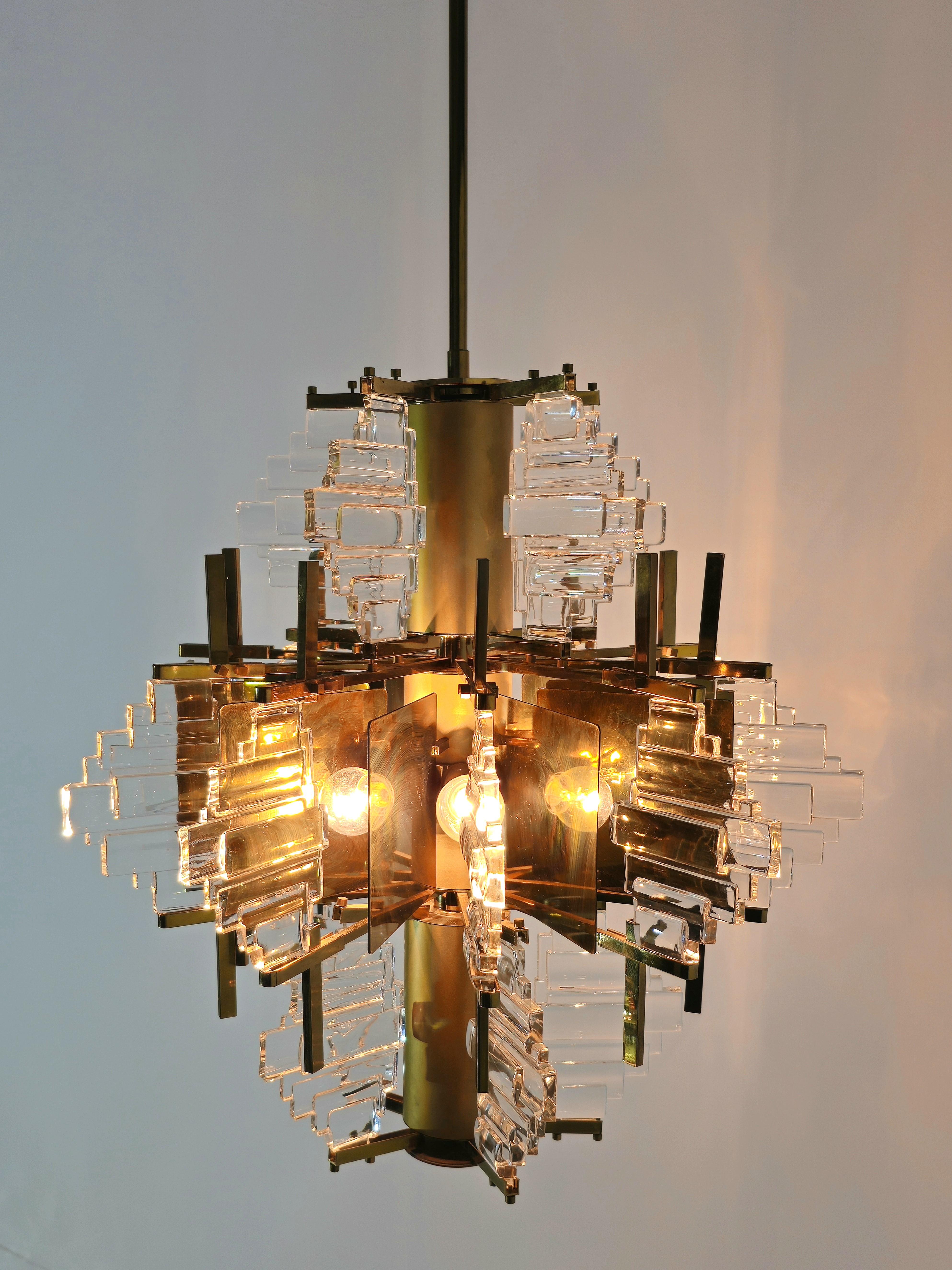 Italian Chandelier by Gaetano Sciolari Glass and Golden Steel Design Italy 1970s For Sale