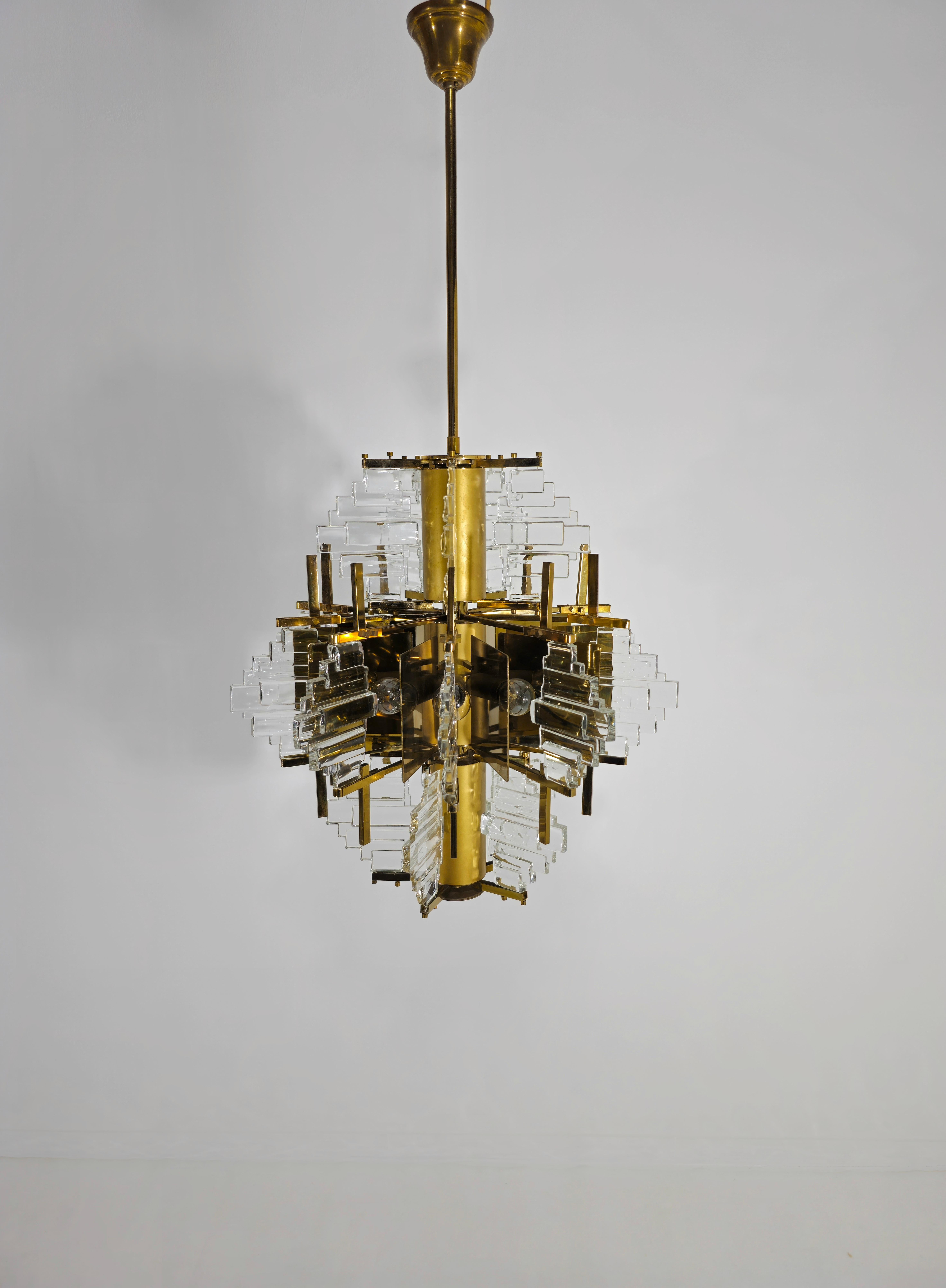 Chandelier by Gaetano Sciolari Glass and Golden Steel Design Italy 1970s In Good Condition For Sale In Palermo, IT