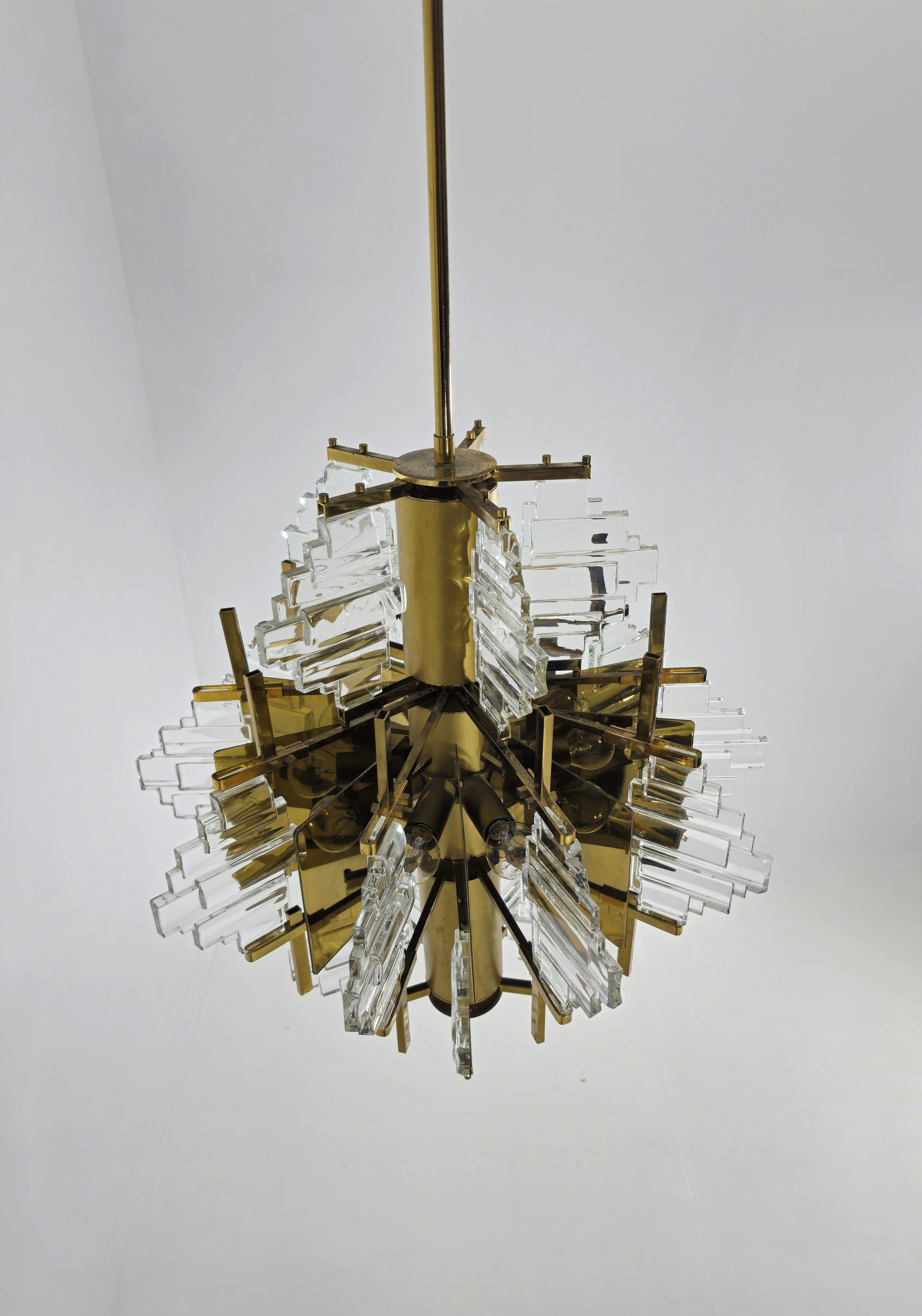 20th Century Chandelier by Gaetano Sciolari Glass and Golden Steel Design Italy 1970s For Sale