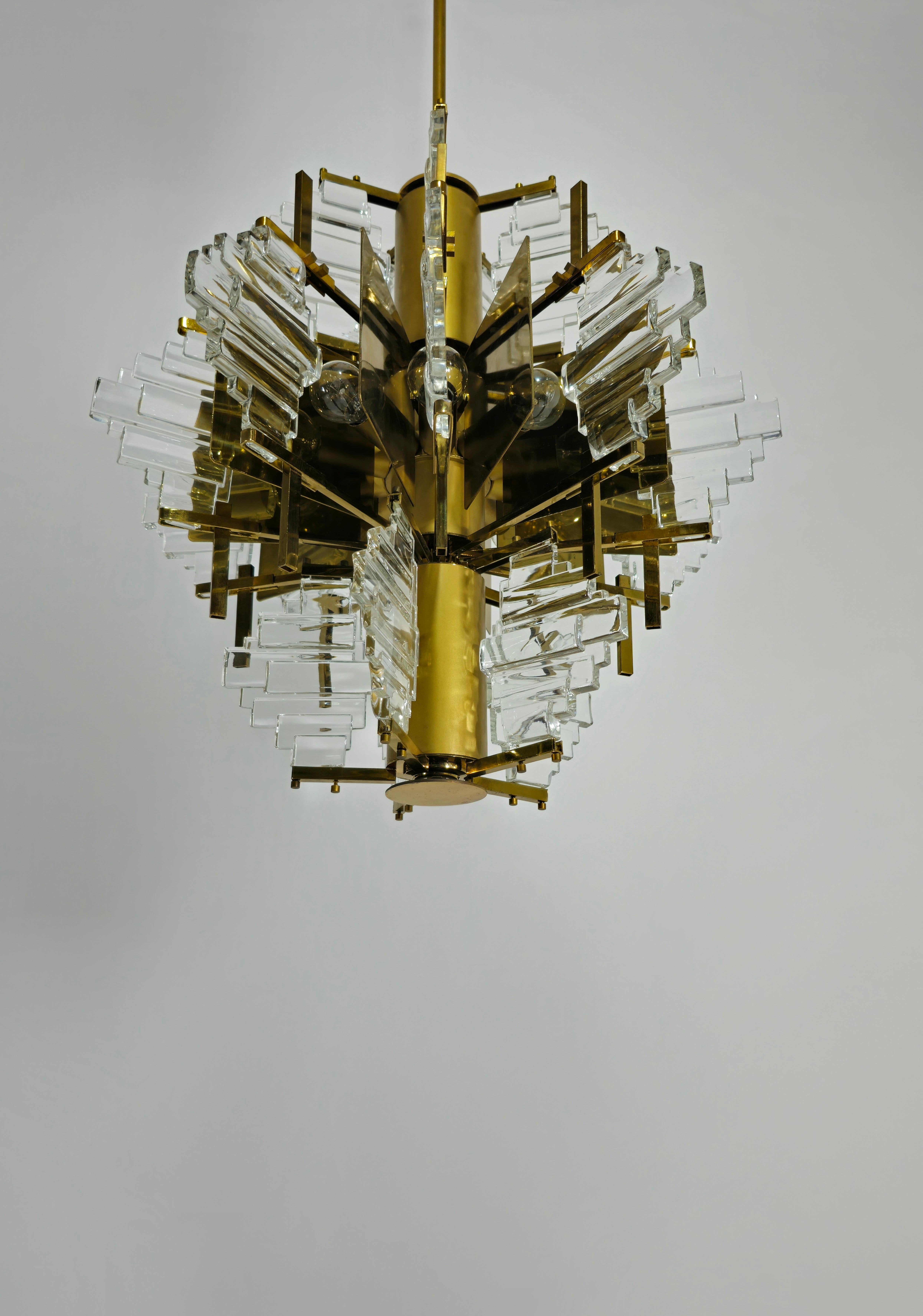 Brass Chandelier by Gaetano Sciolari Glass and Golden Steel Design Italy 1970s For Sale