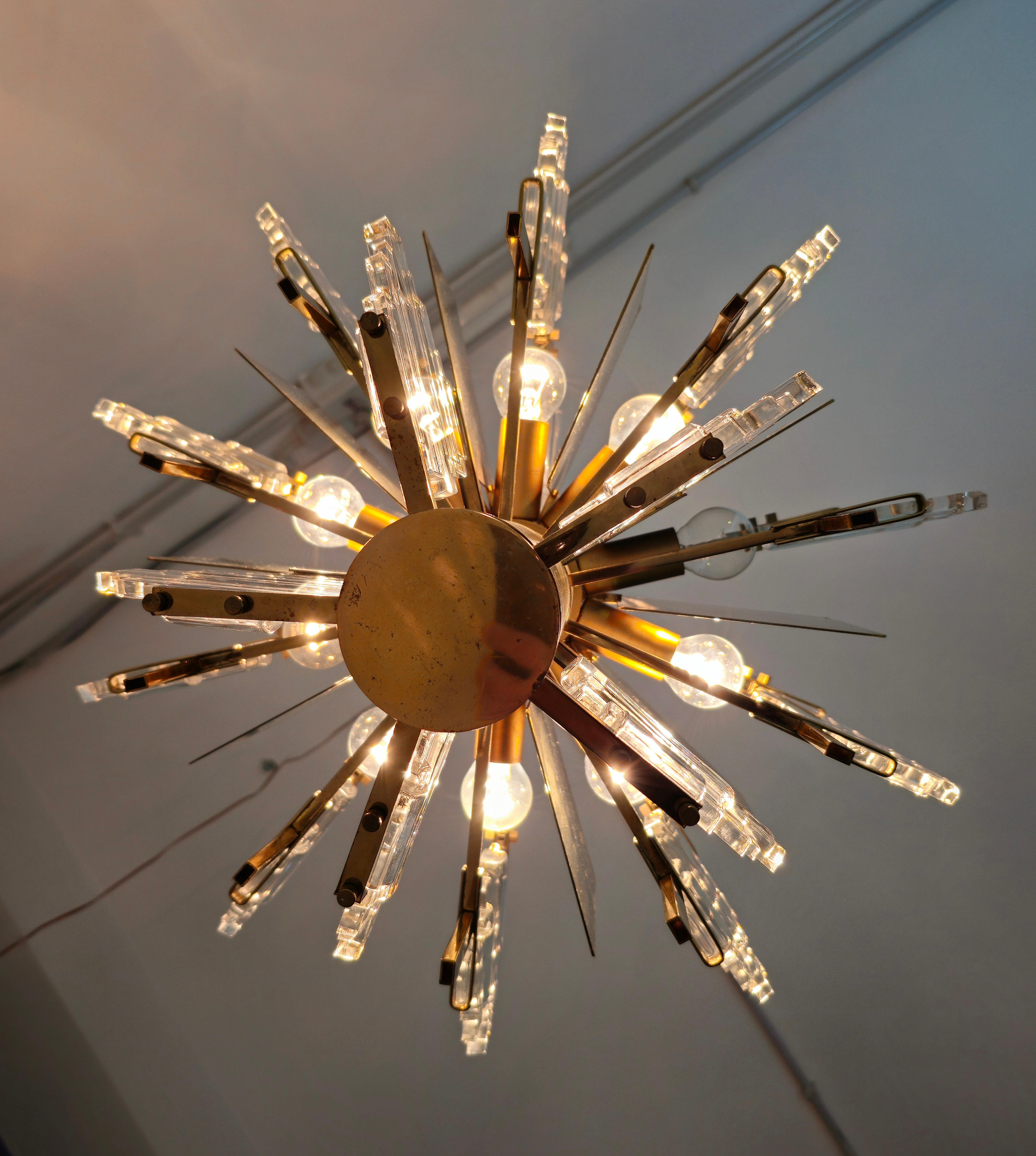 Chandelier by Gaetano Sciolari Glass and Golden Steel Design Italy 1970s For Sale 1