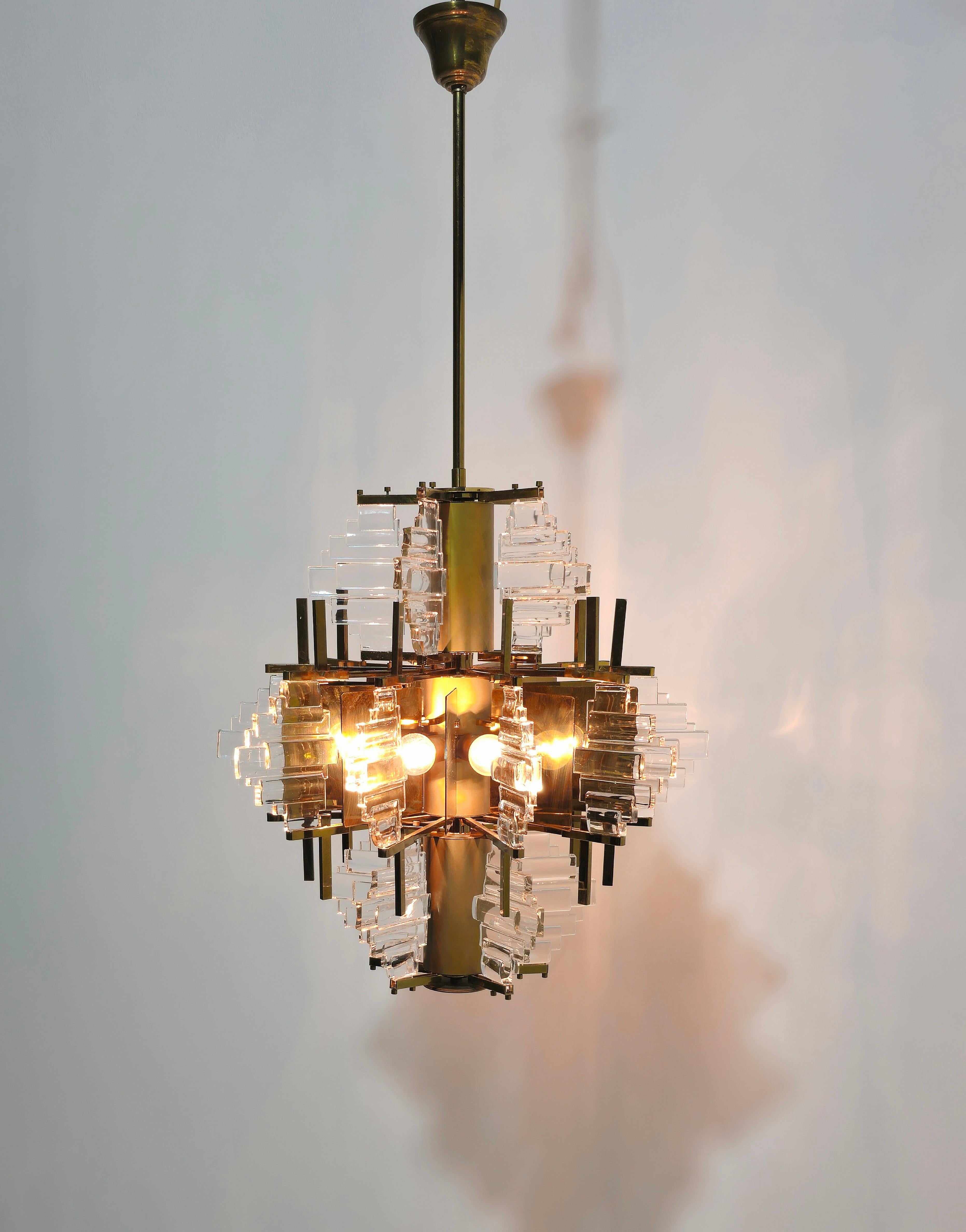 Chandelier by Gaetano Sciolari Glass and Golden Steel Design Italy 1970s For Sale 2