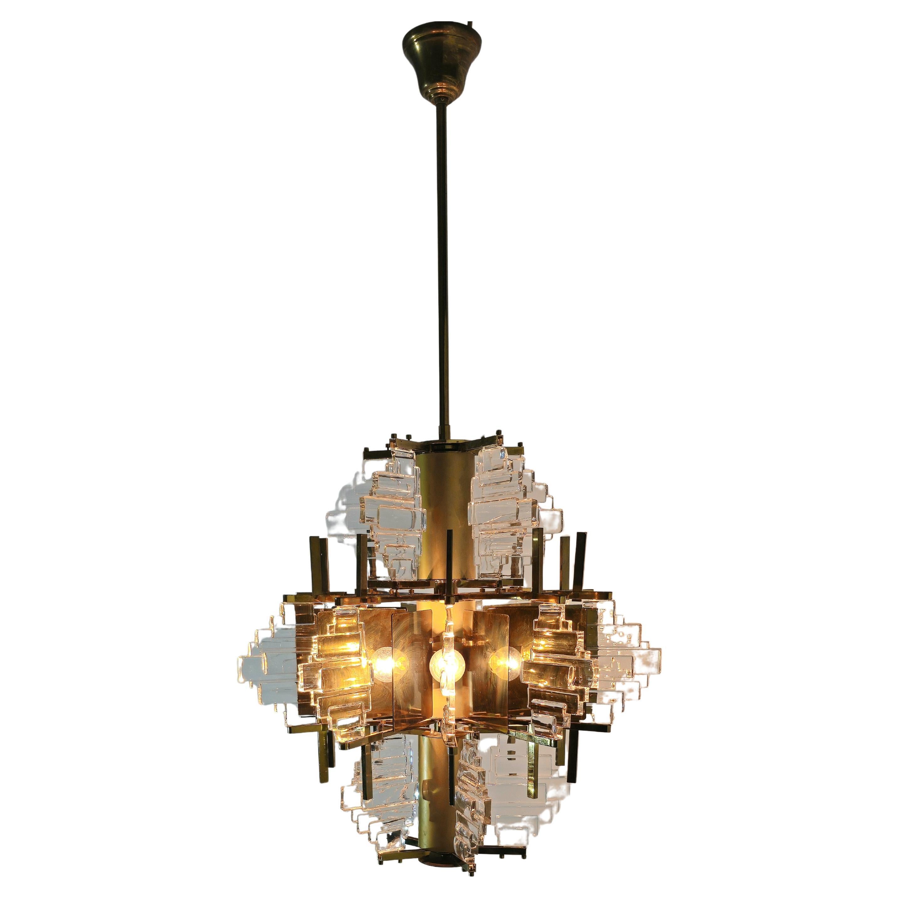 Chandelier by Gaetano Sciolari Glass and Golden Steel Design Italy 1970s For Sale