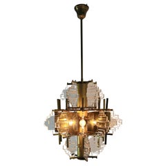 Chandelier by Gaetano Sciolari Glass and Golden Steel Design Italy 1970s