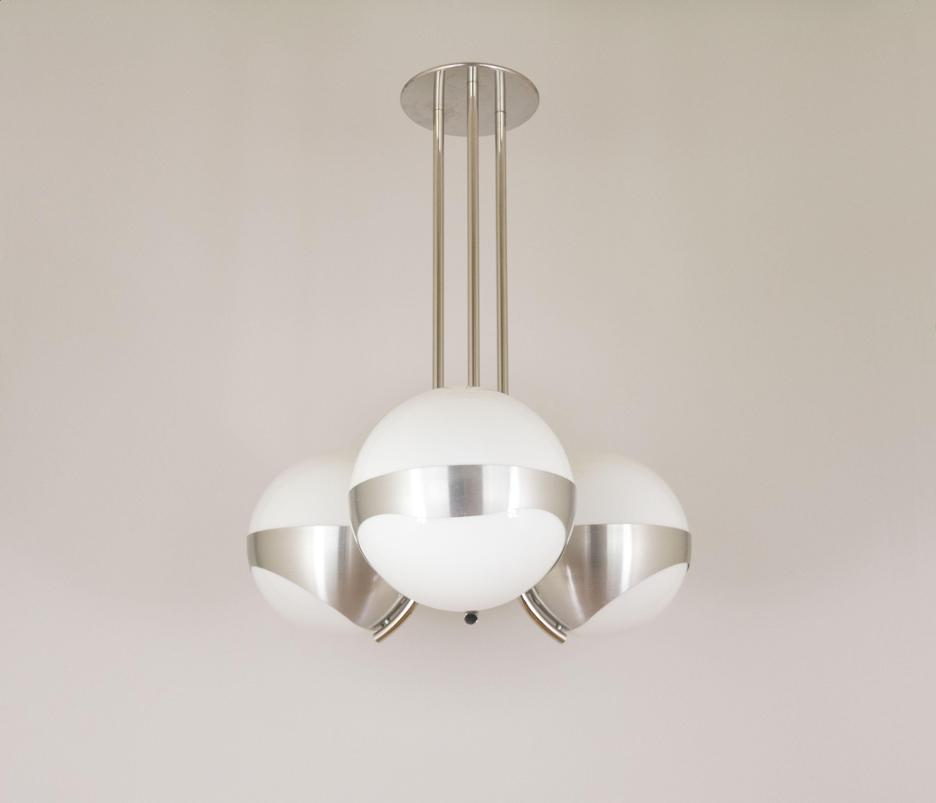 Mid-Century Modern Chandelier by Lamperti Associates in Metal and Glass, Italy, 1970s