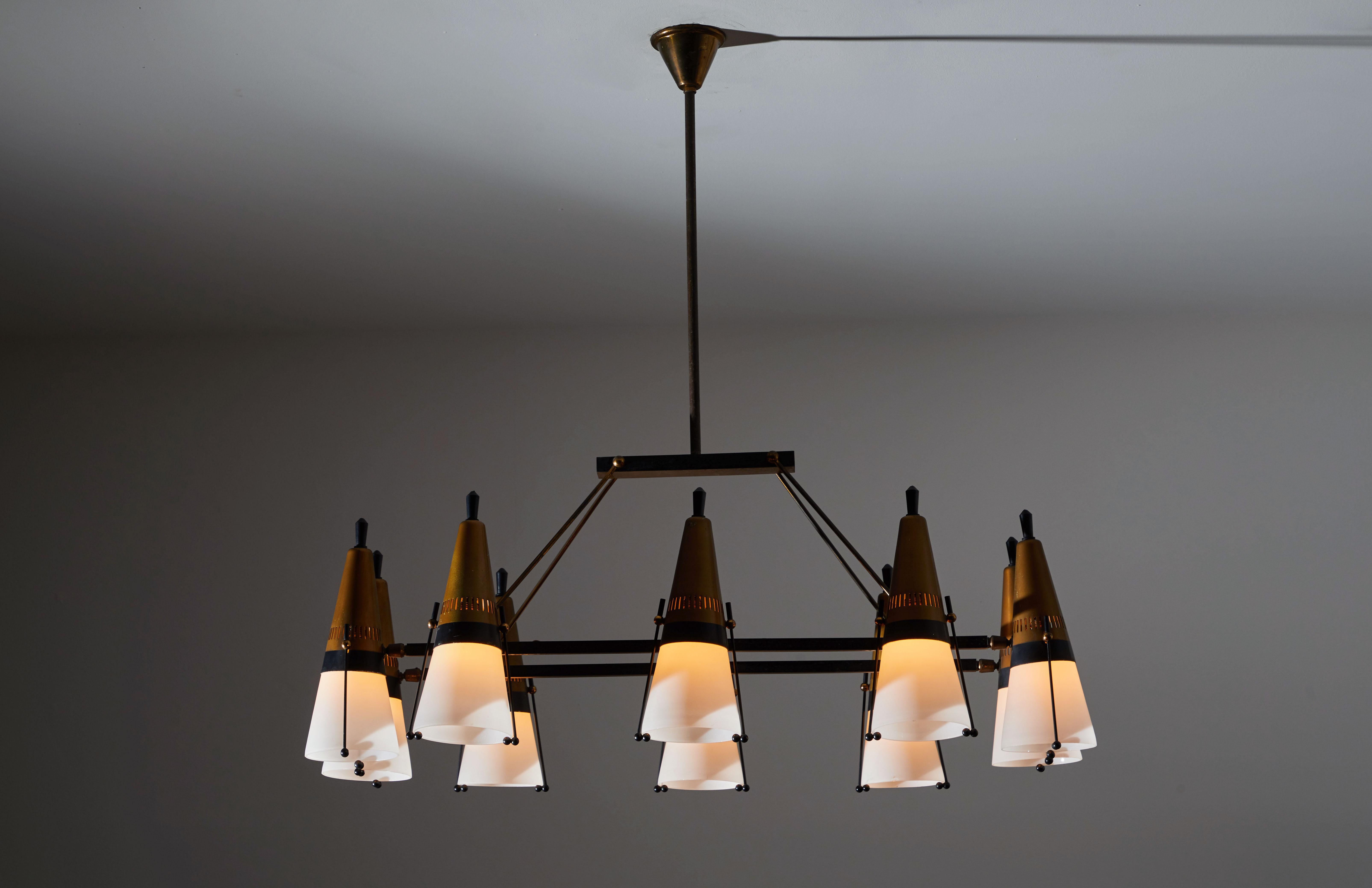 Chandelier by Lamperti. Manufactured in Italy, circa 1960s. Brass, enameled metal, brushed satin glass. Original canopy, custom brass ceiling plate, rewired for US junction boxes. Takes 10 E27 candelabra 25w maximum bulbs.