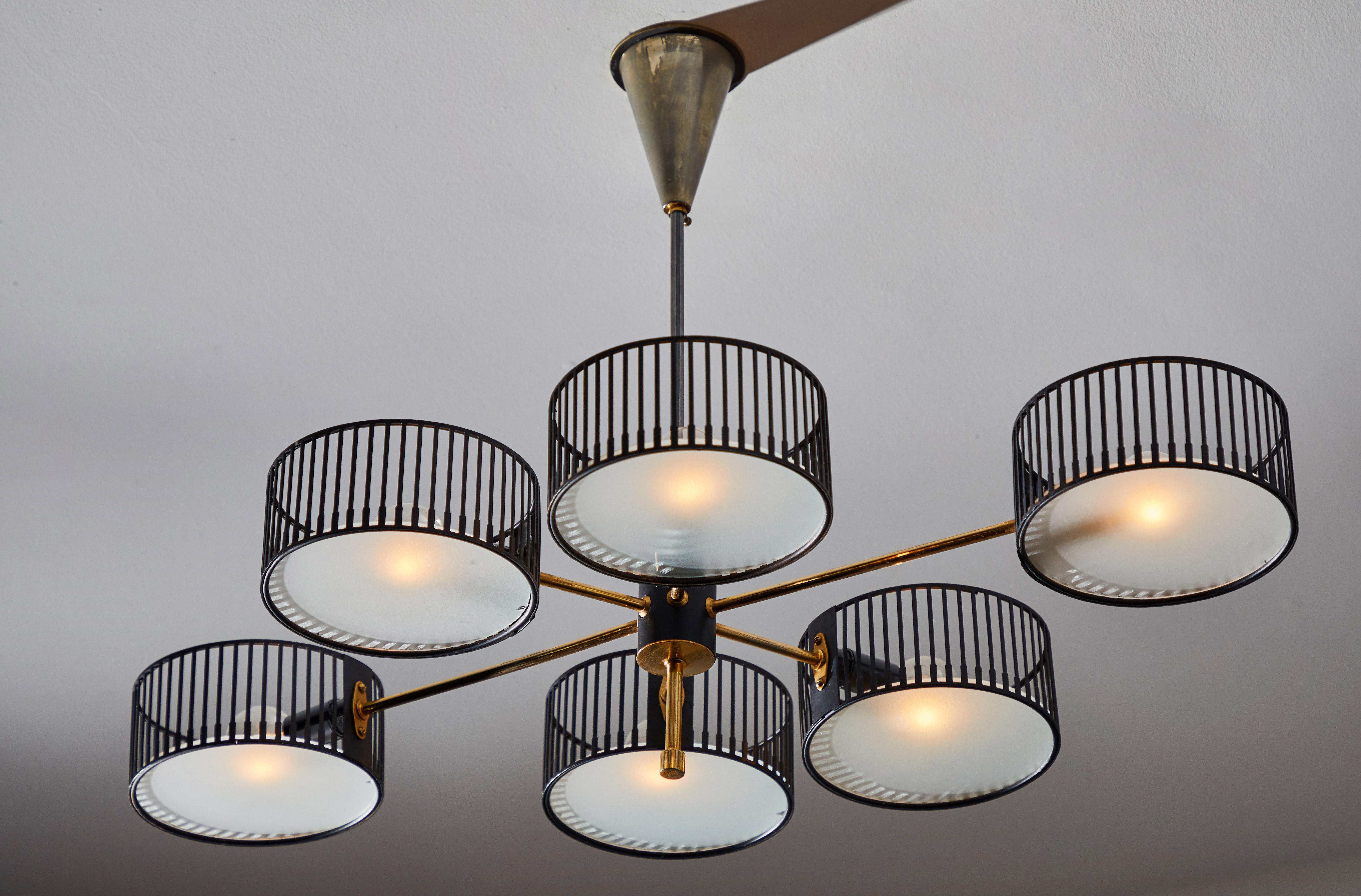 Chandelier by Lunel. Manufactured in France circa 1950s. Enameled metal, and opaline glass. Rewired for U.S. junction boxes. Original canopy with custom brass ceiling plate. Takes six E27 75w maximum bulbs. Bulbs provided as a one time courtesy.