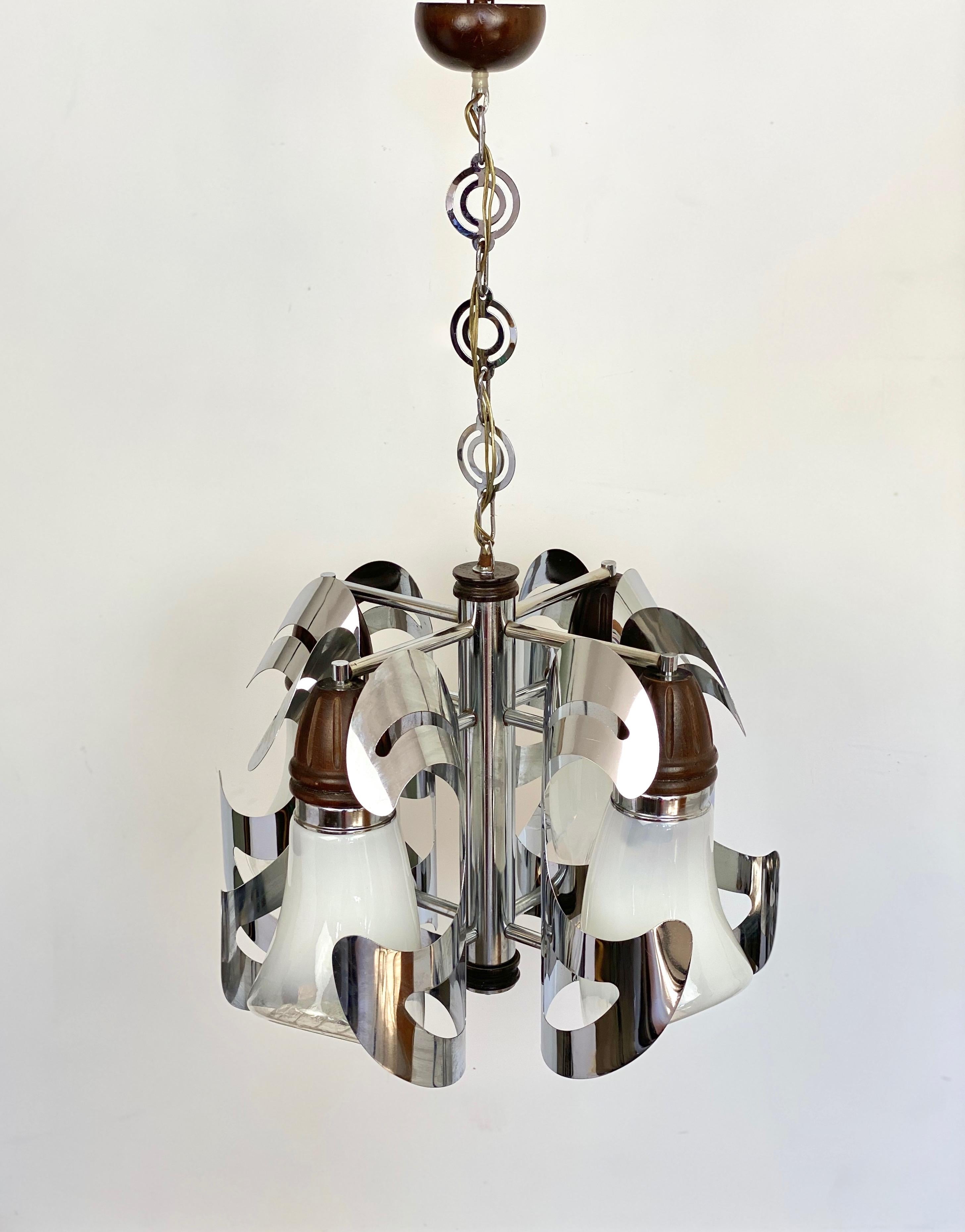 Chandelier by Mazzega Chrome, Wood and Murano Glass, Italy, 1970s For Sale 8