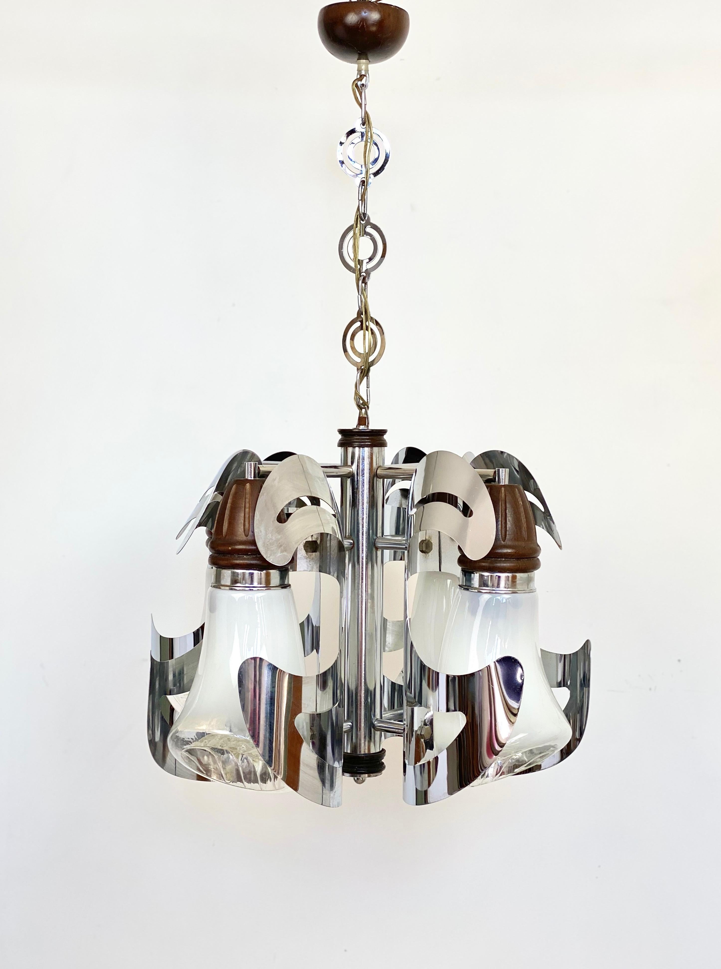 Chandelier by Mazzega Chrome, Wood and Murano Glass, Italy, 1970s For Sale 9