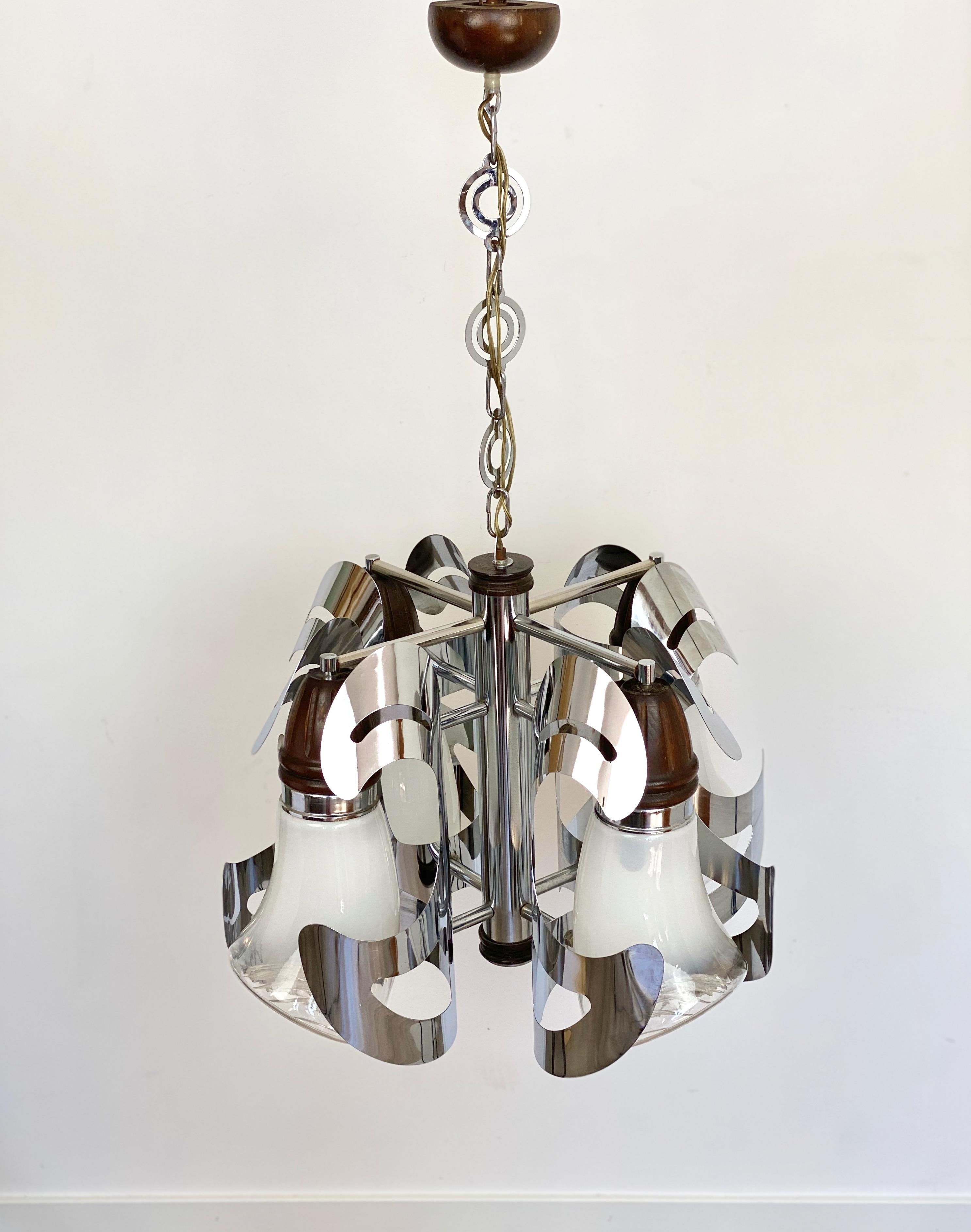 Mid-Century Modern Chandelier by Mazzega Chrome, Wood and Murano Glass, Italy, 1970s For Sale