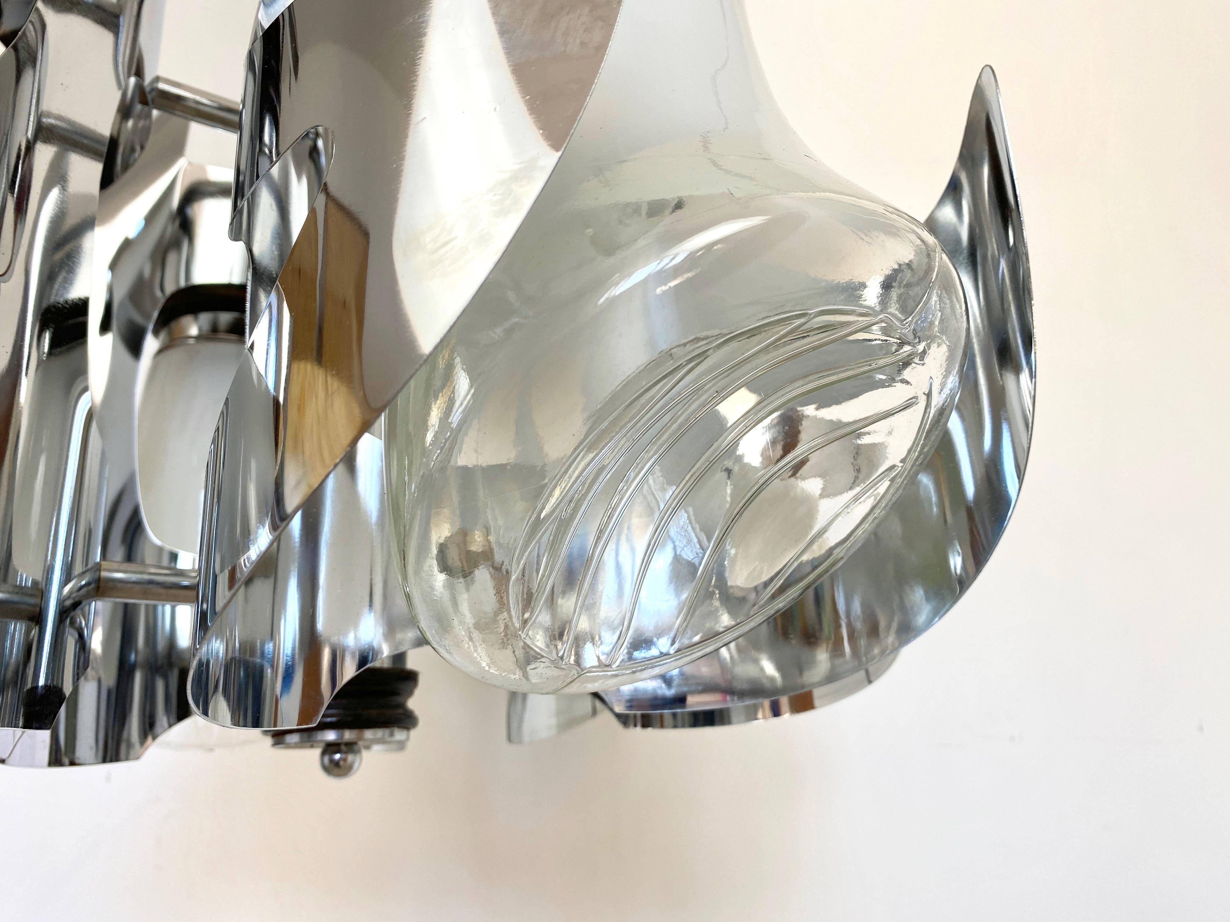 Italian Chandelier by Mazzega Chrome, Wood and Murano Glass, Italy, 1970s For Sale