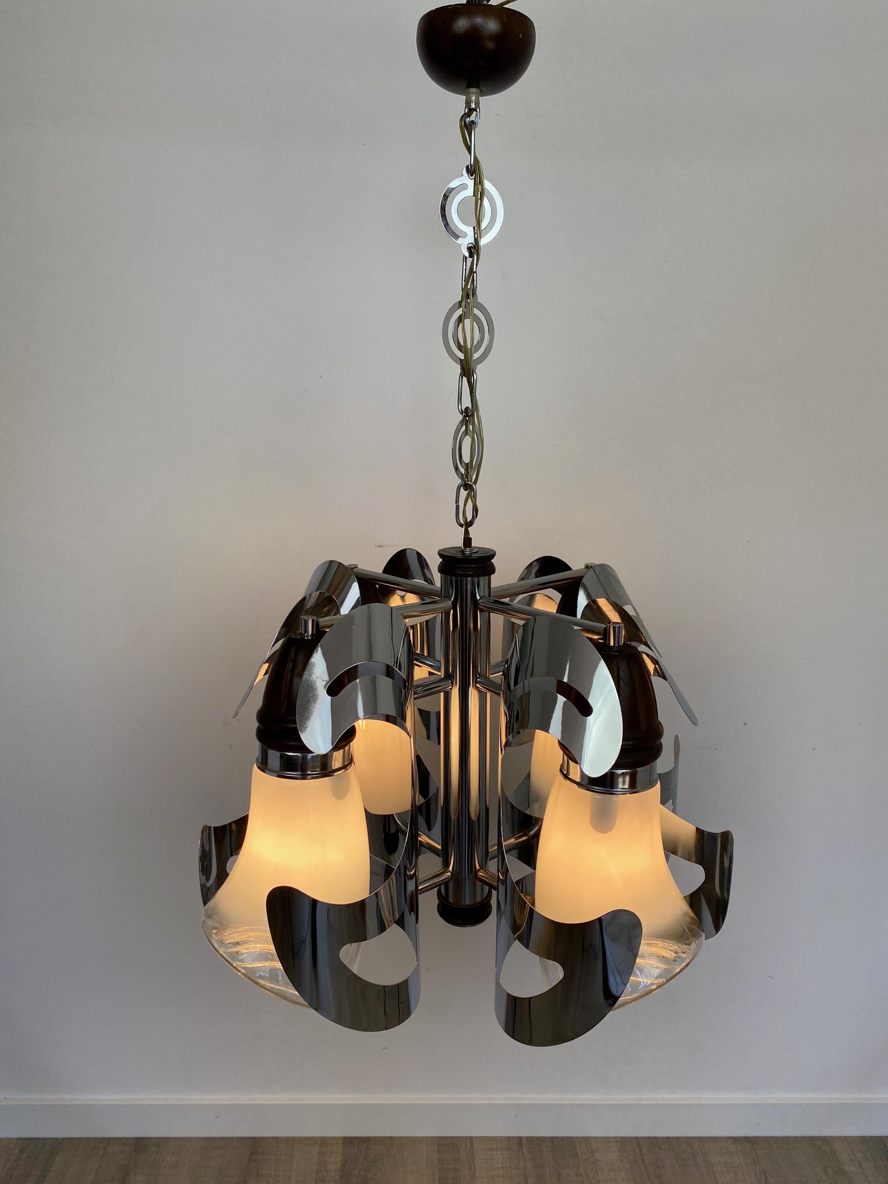 Late 20th Century Chandelier by Mazzega Chrome, Wood and Murano Glass, Italy, 1970s For Sale