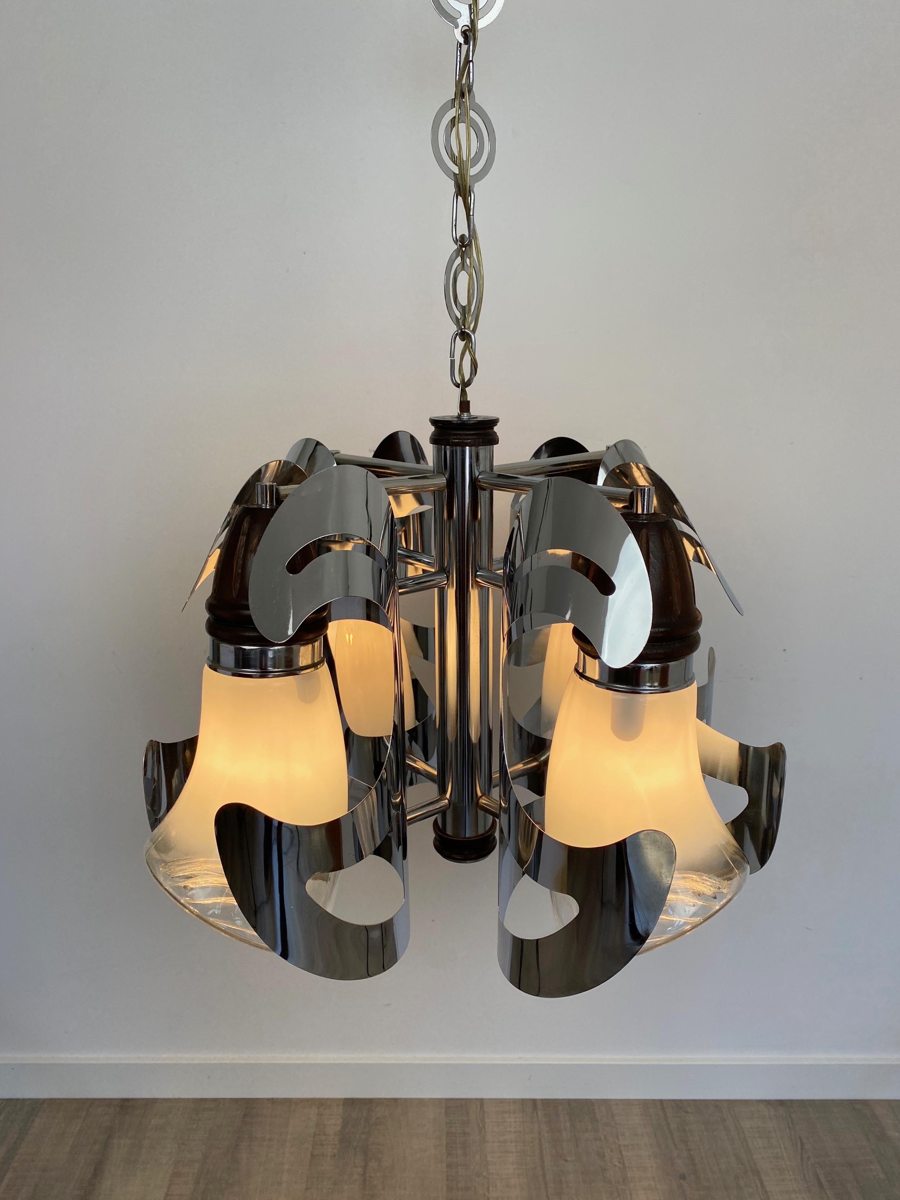 Metal Chandelier by Mazzega Chrome, Wood and Murano Glass, Italy, 1970s For Sale