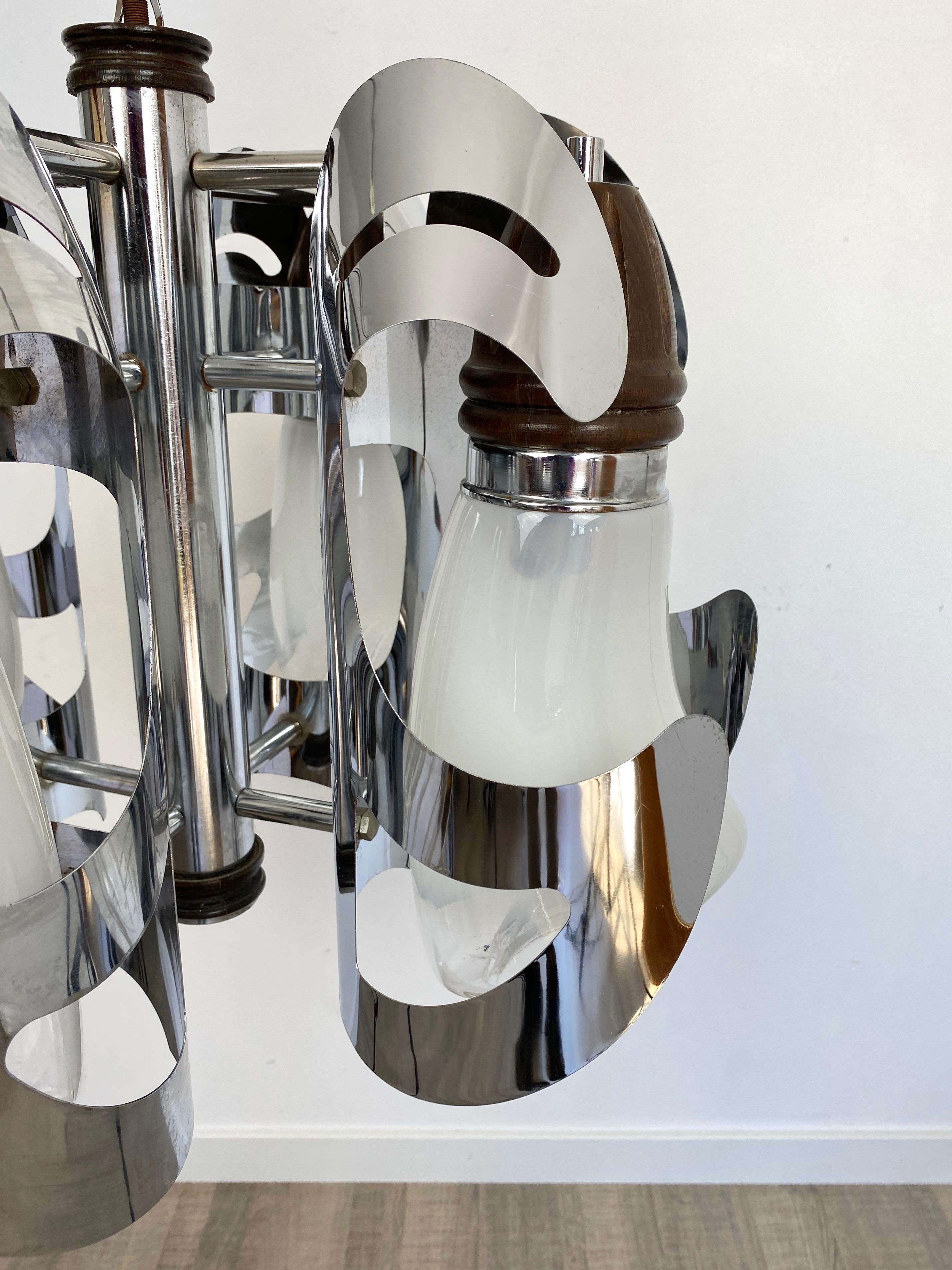 Chandelier by Mazzega Chrome, Wood and Murano Glass, Italy, 1970s For Sale 2