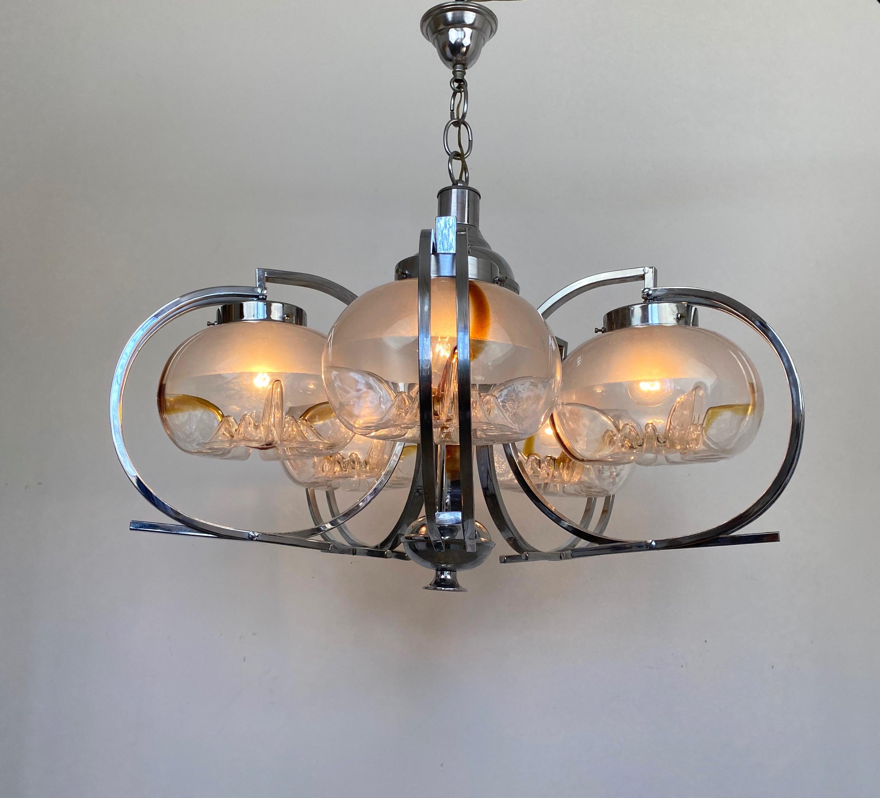 Mid-Century Modern Chandelier by Mazzega in Chrome and Murano Glass, Italy, 1970s For Sale