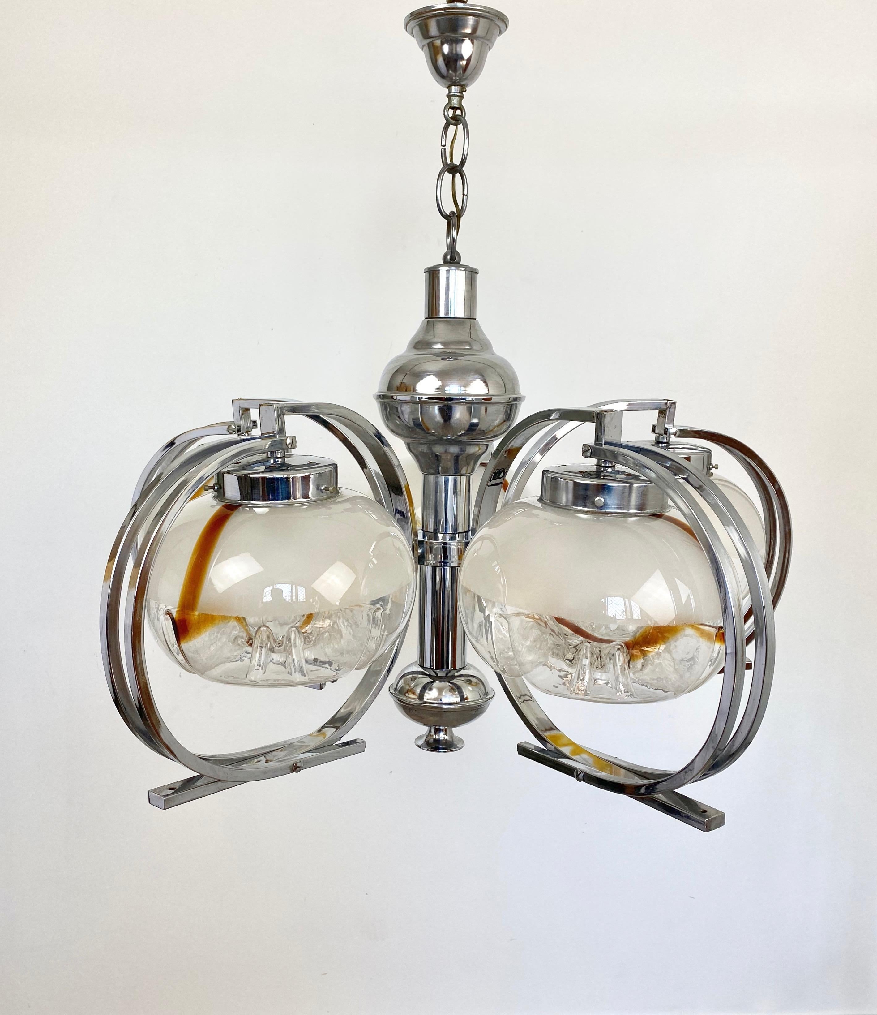 Italian Chandelier by Mazzega in Chrome and Murano Glass, Italy, 1970s For Sale