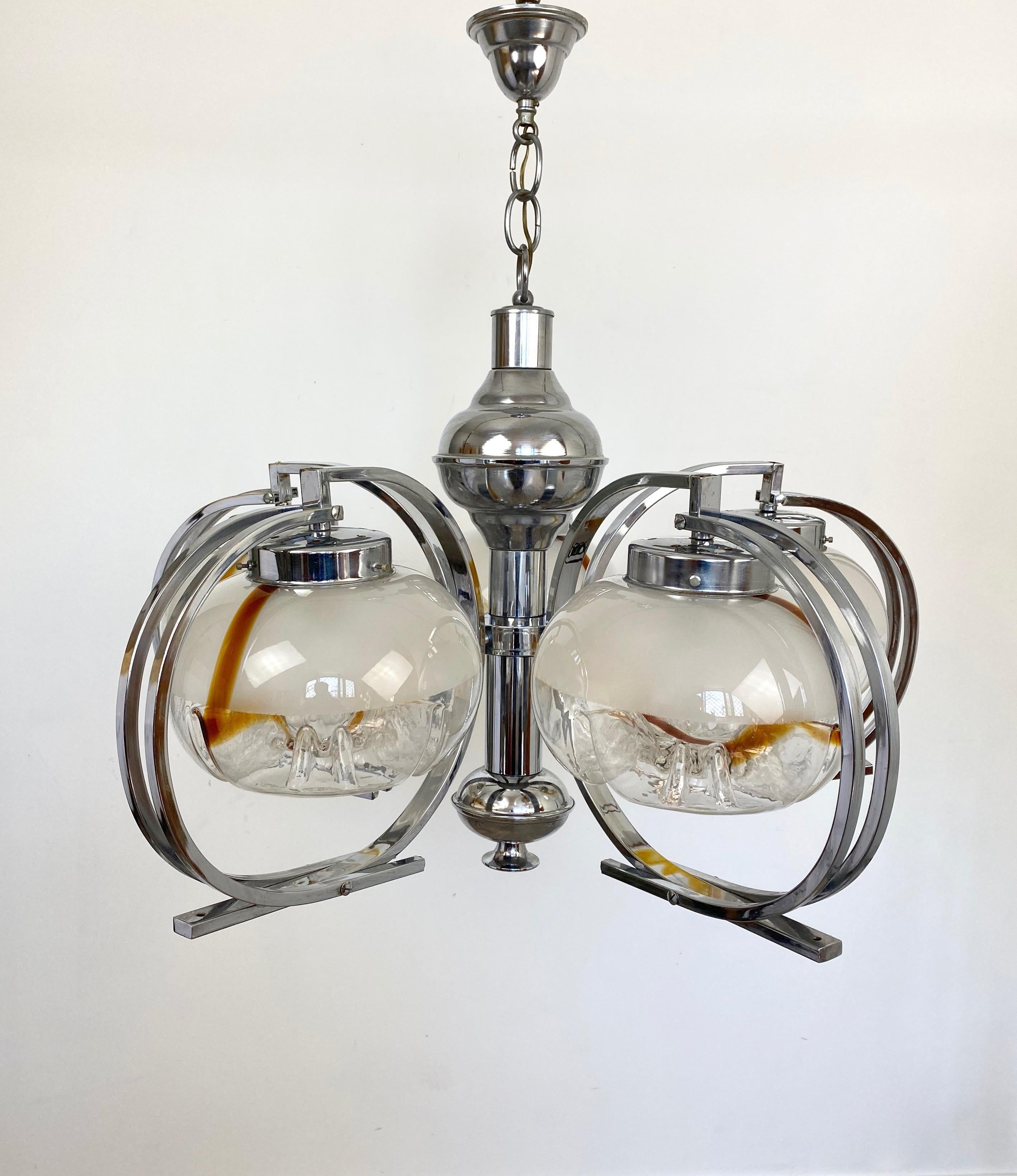 Late 20th Century Chandelier by Mazzega in Chrome and Murano Glass, Italy, 1970s For Sale