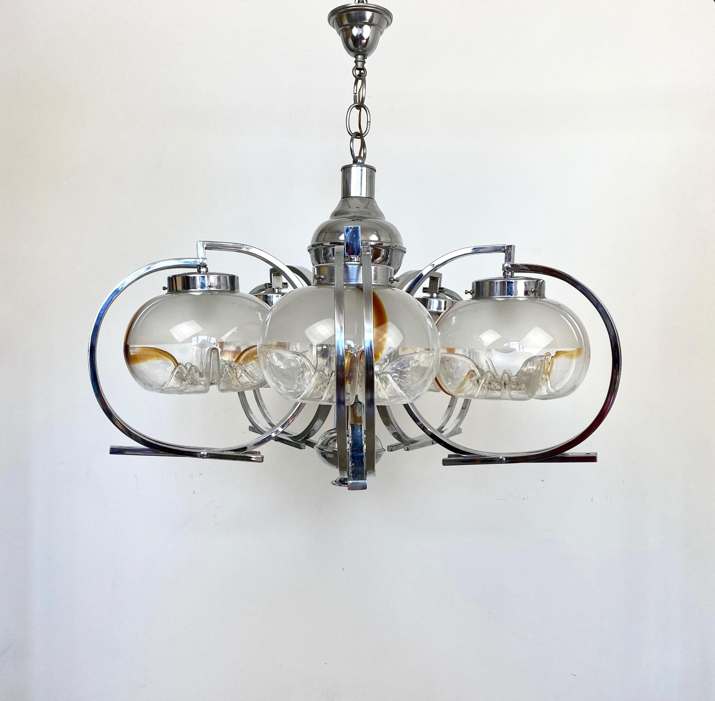 Chandelier by Mazzega in Chrome and Murano Glass, Italy, 1970s For Sale 1