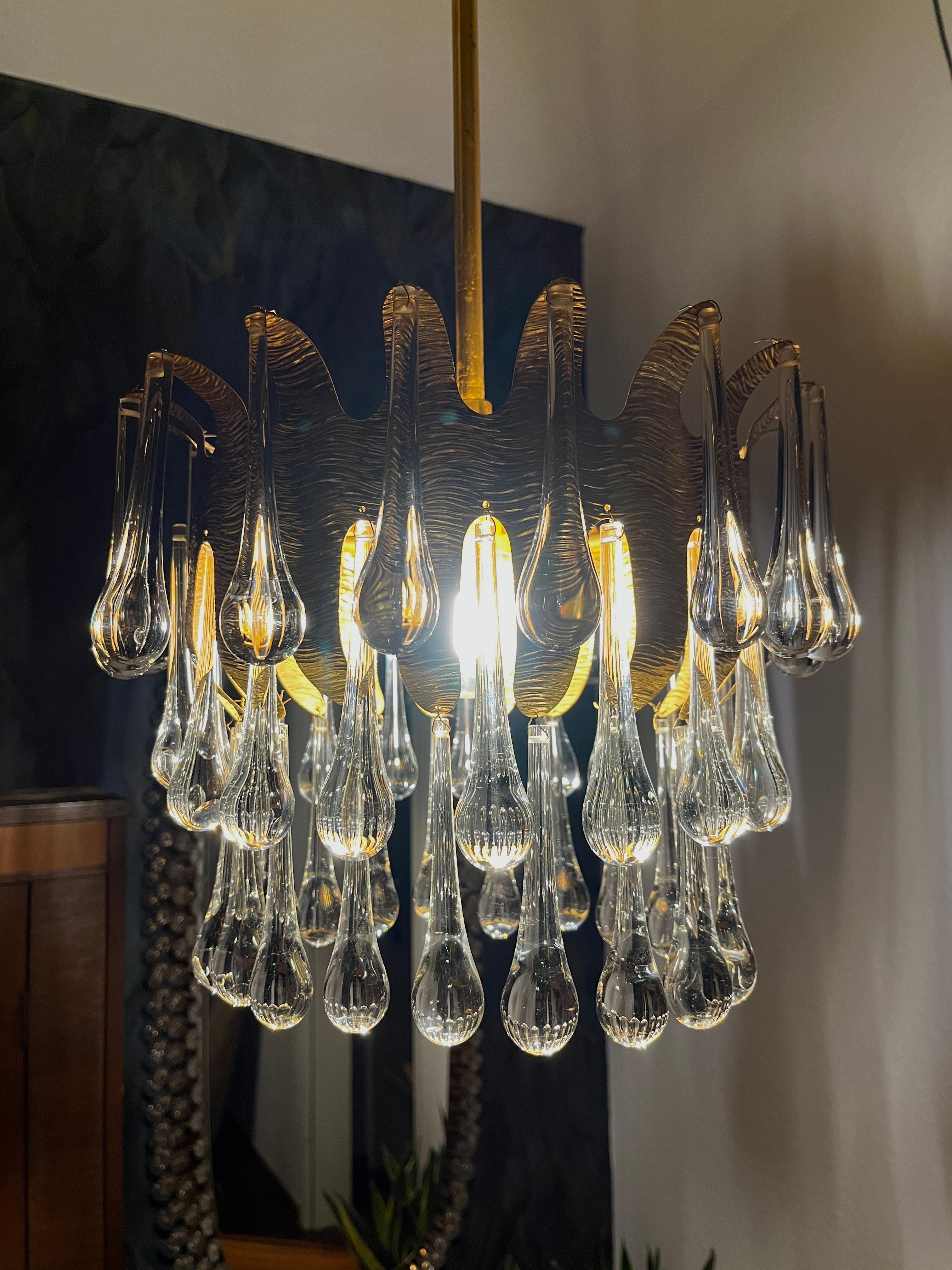 Mid-Century moderno Lampadario di Palme & Walter con gocce in vetro di Murano di Venini in vendita