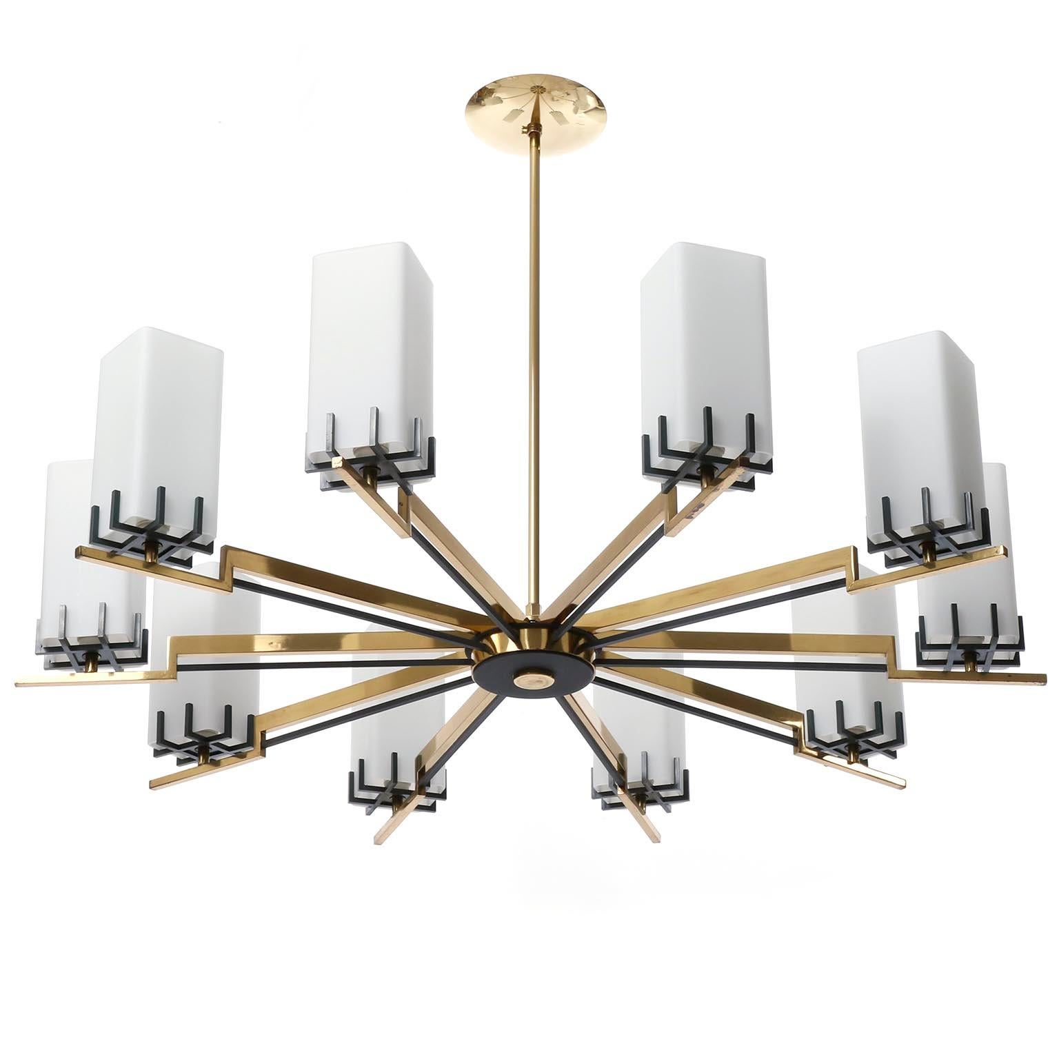 Mid-Century Modern Chandelier by Rupert Nikoll, Opaline Frosted White Milk Glass Brass, 1960 For Sale