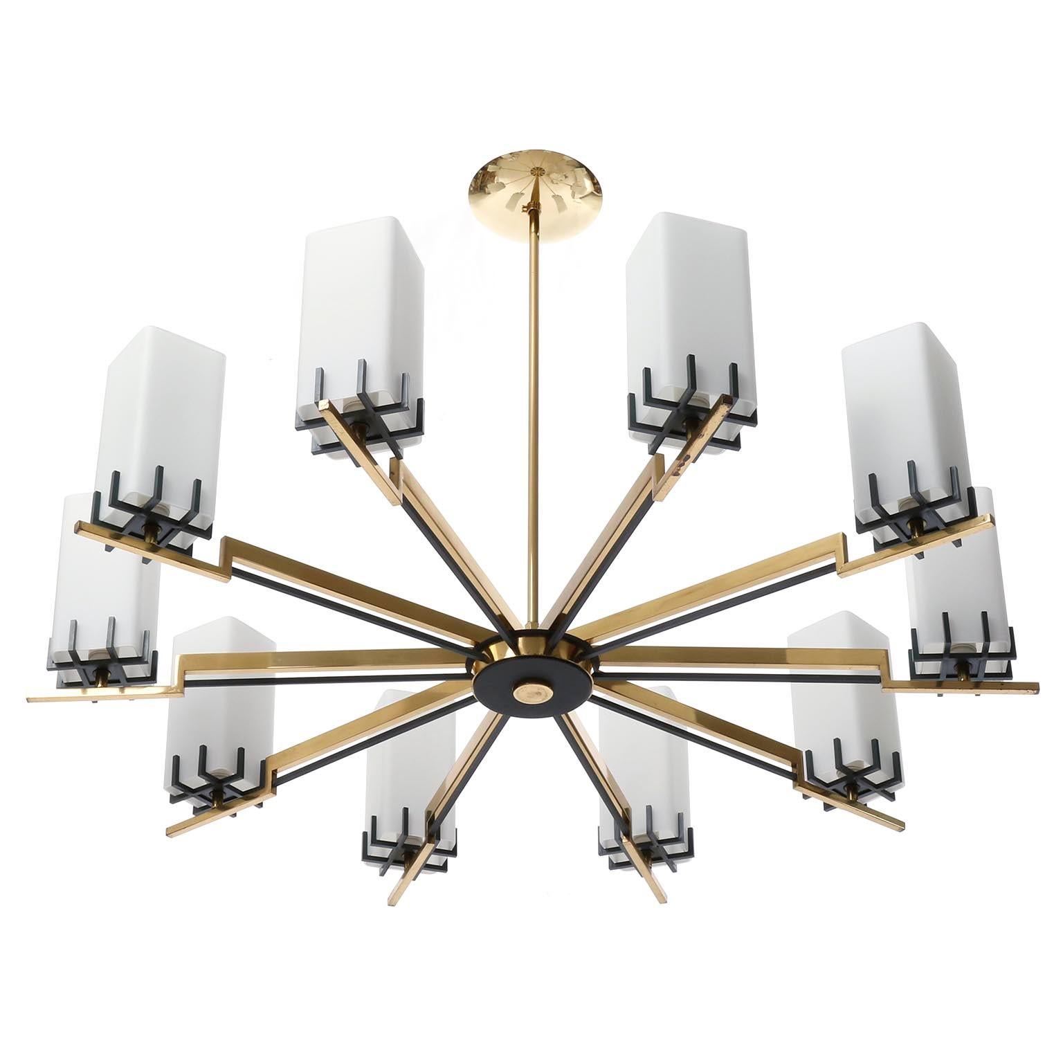 Polished Chandelier by Rupert Nikoll, Opaline Frosted White Milk Glass Brass, 1960 For Sale