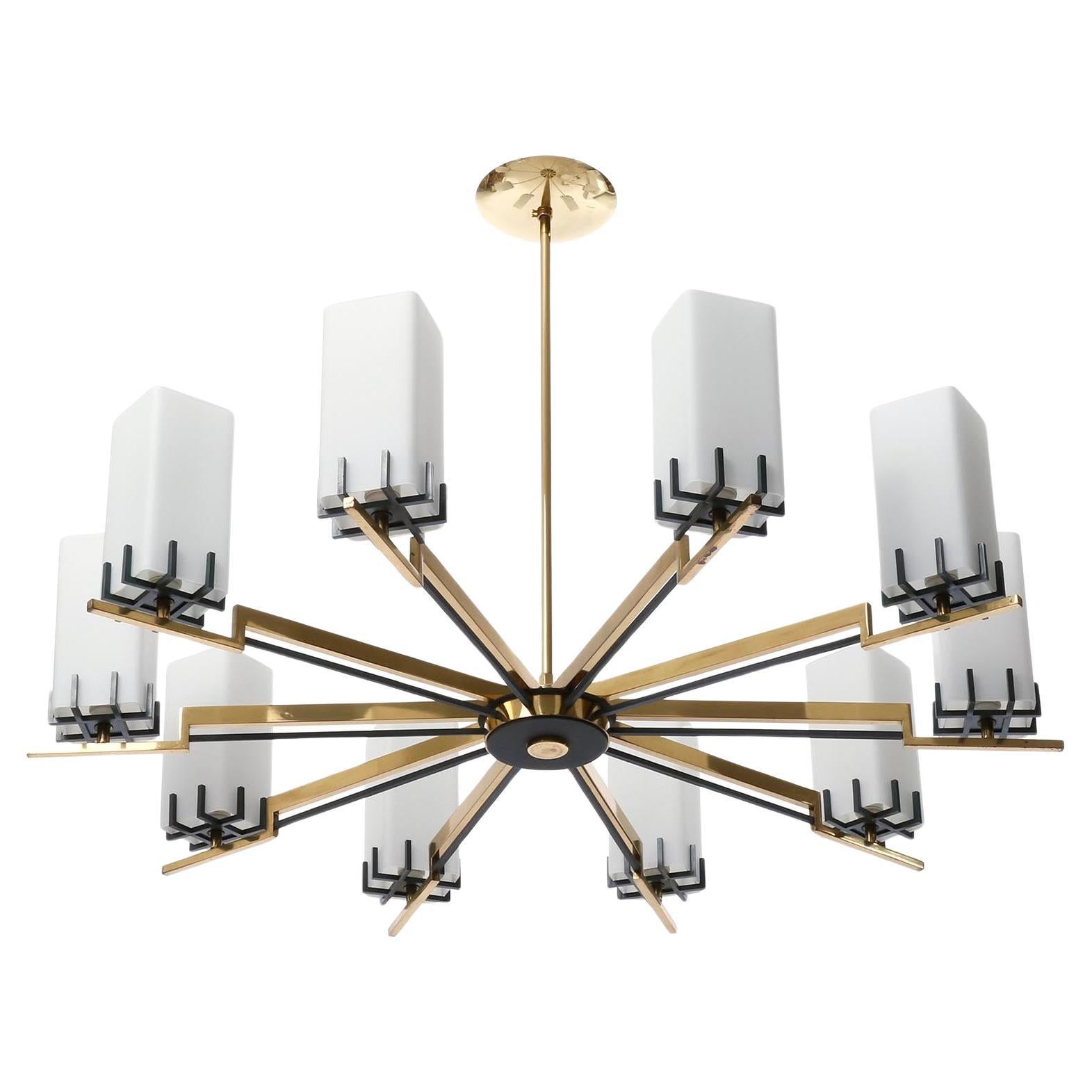 Chandelier by Rupert Nikoll, Opaline Frosted White Milk Glass Brass, 1960 For Sale