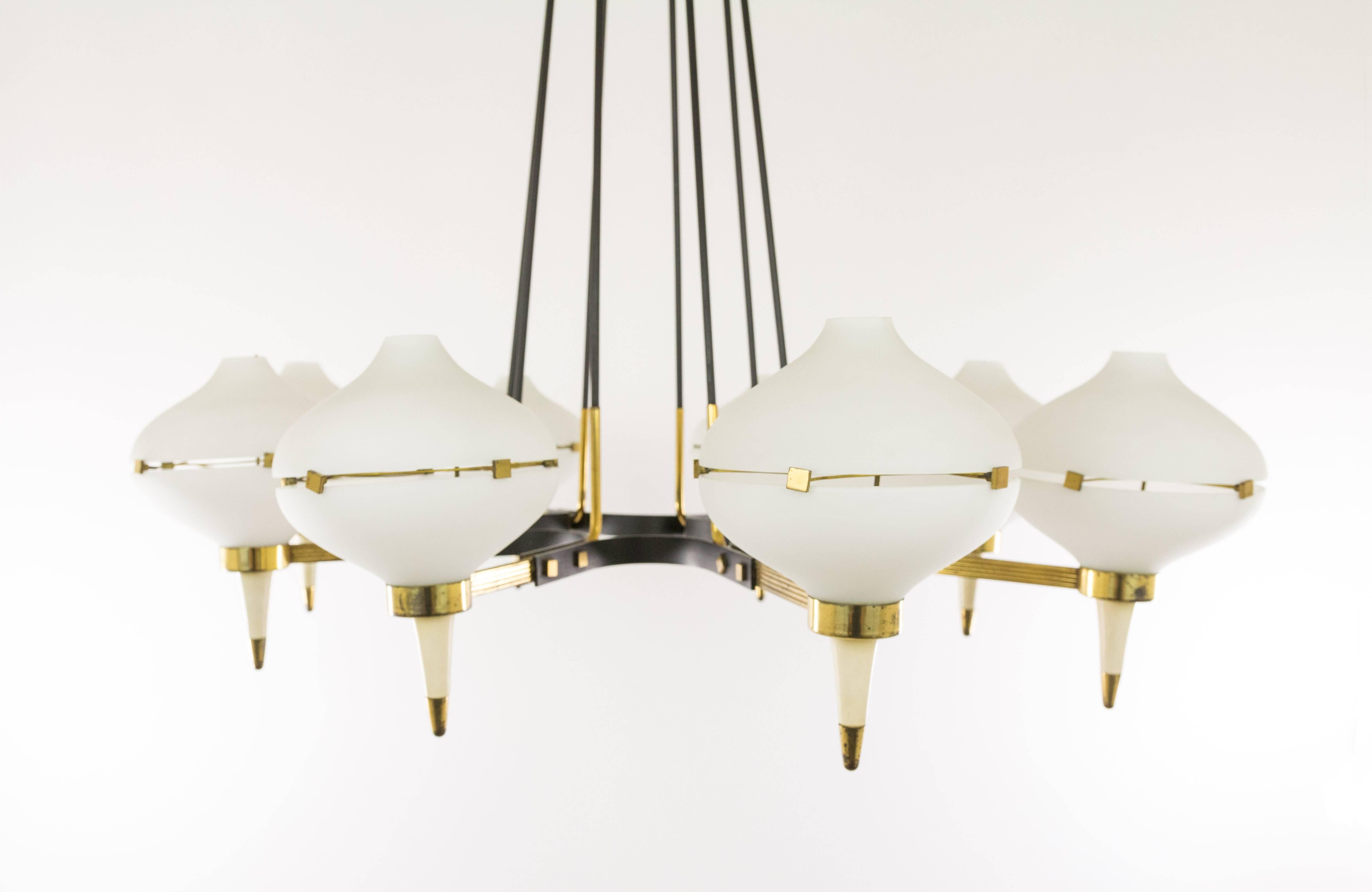 Italian Chandelier in Metal, Brass and Glass, attributed to Stilnovo, circa 1958