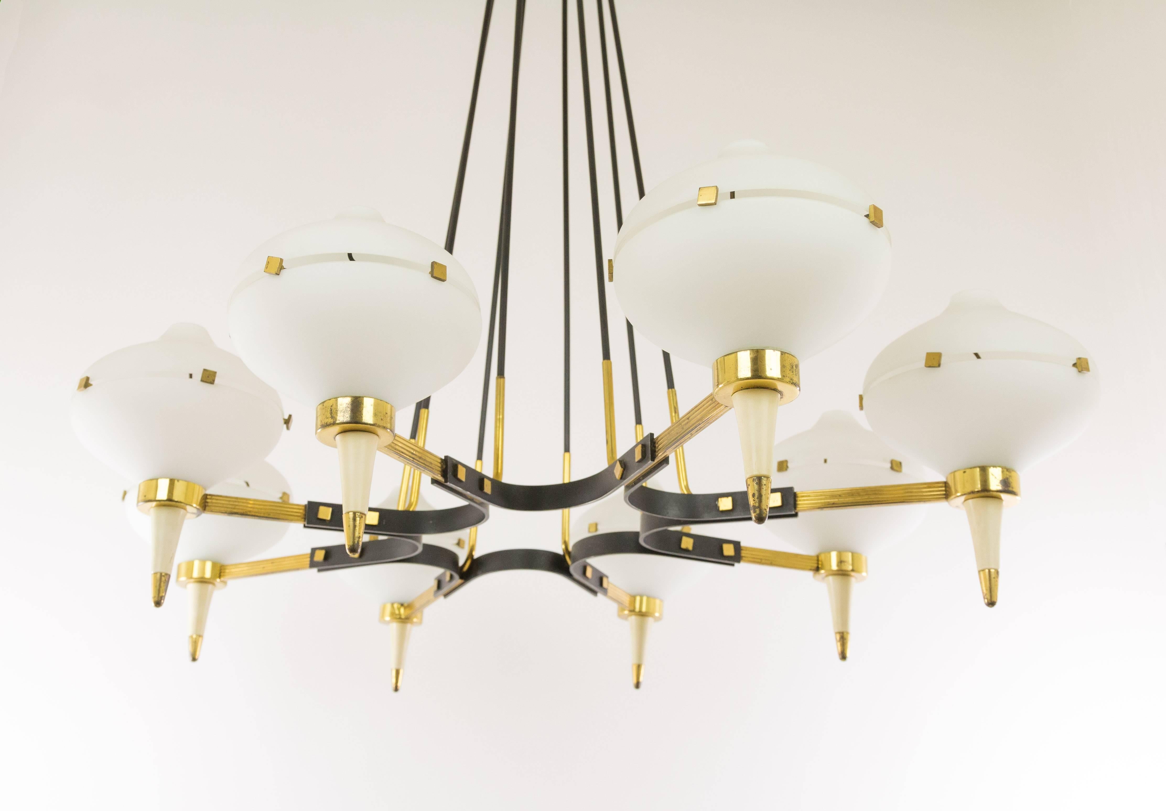 Lacquered Chandelier in Metal, Brass and Glass, attributed to Stilnovo, circa 1958