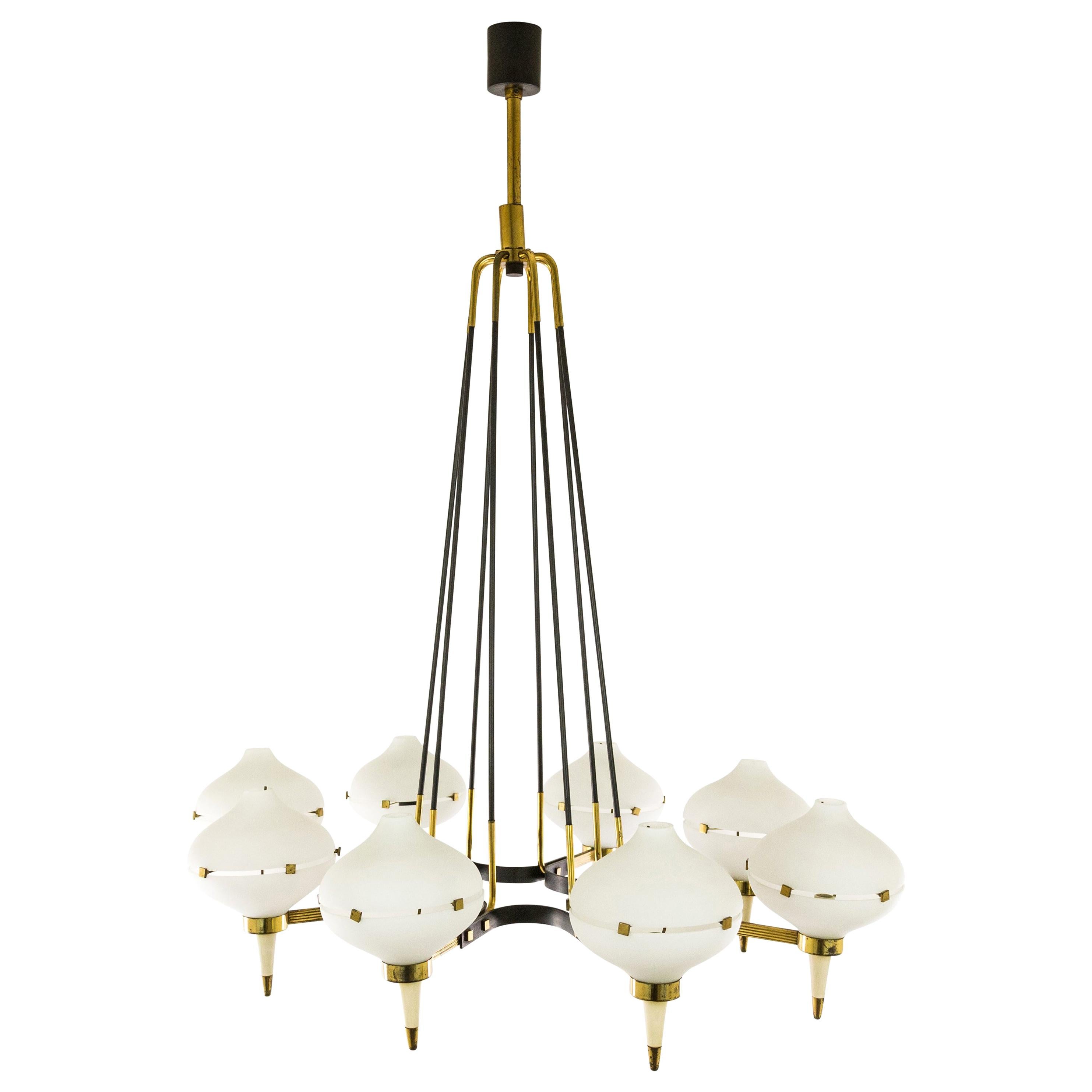 Chandelier in Metal, Brass and Glass, attributed to Stilnovo, circa 1958