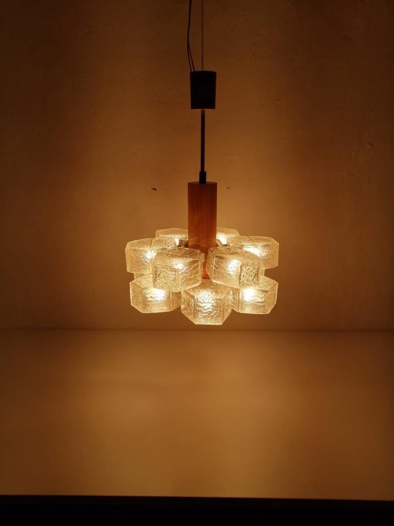 Mid-Century Modern Hexagonal 12 Glass Tubes and Teak Atomic Age Chandelier by Temde, 1960s, Germany For Sale
