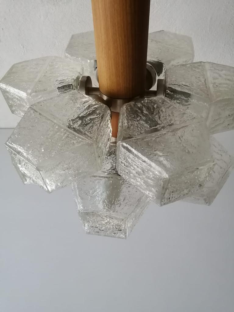Hexagonal 12 Glass Tubes and Teak Atomic Age Chandelier by Temde, 1960s, Germany For Sale 1