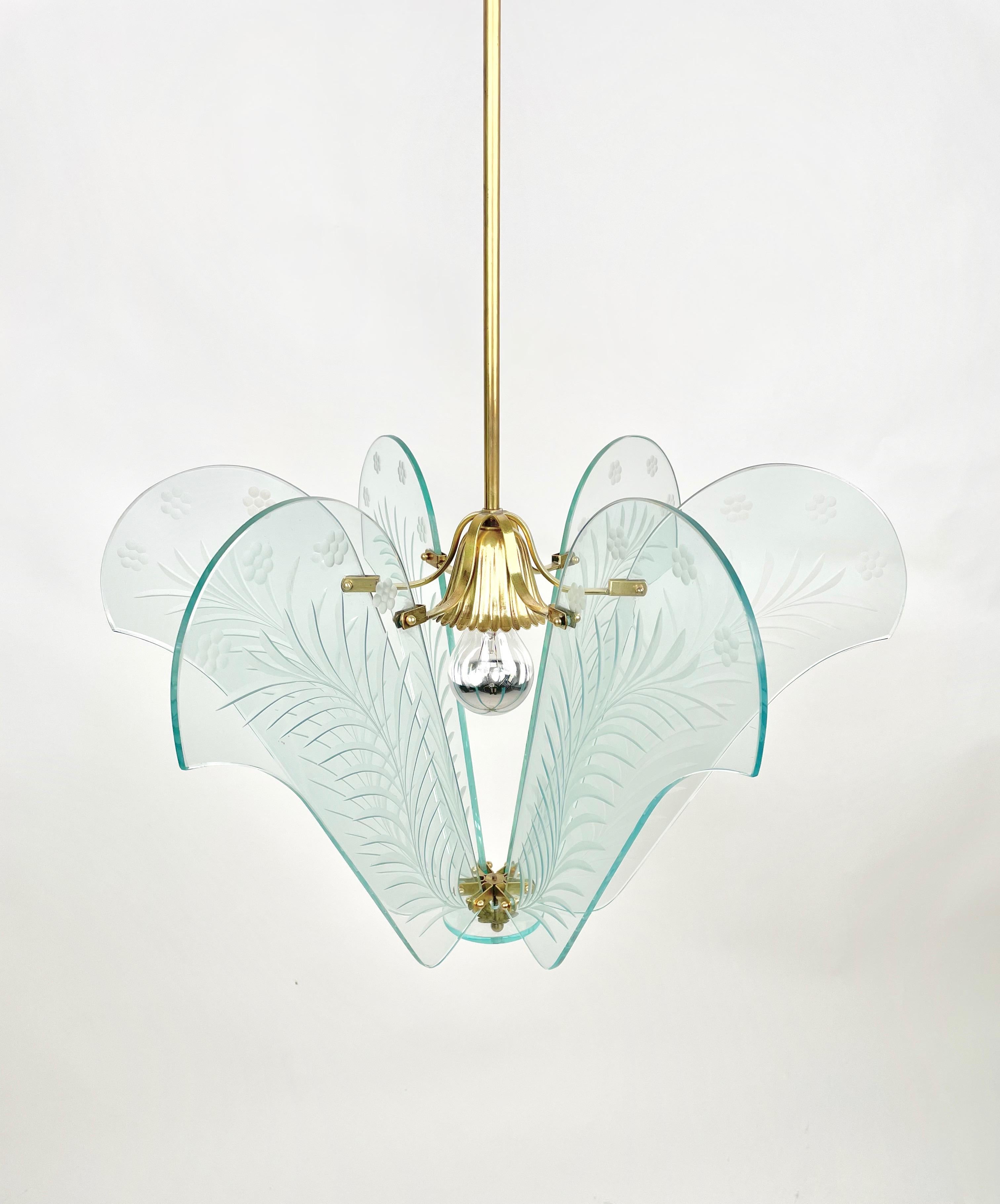 Italian Chandelier Carved Glass and Brass Fontana Arte Style, Italy, 1950s For Sale