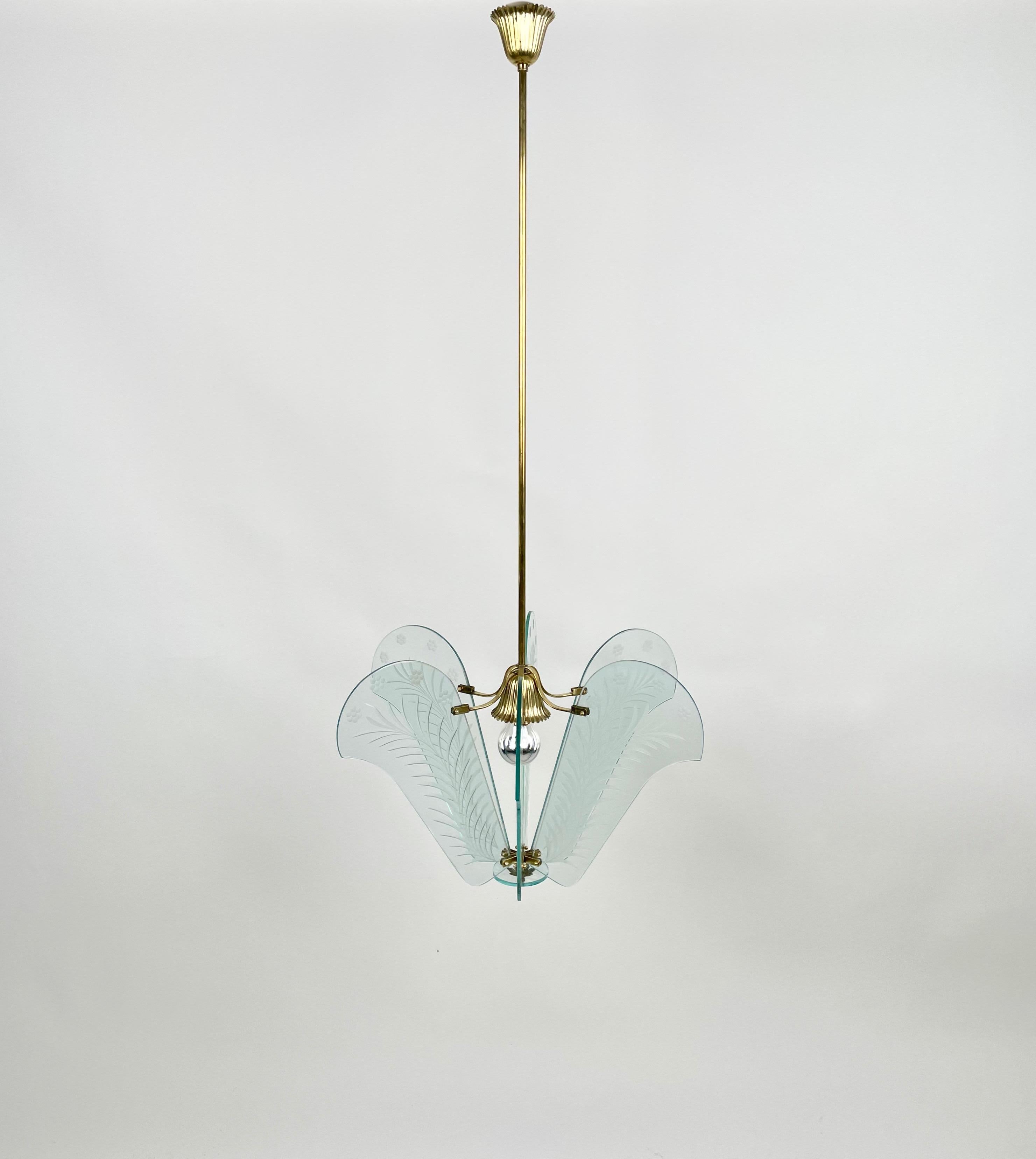 Mid-20th Century Chandelier Carved Glass and Brass Fontana Arte Style, Italy, 1950s For Sale