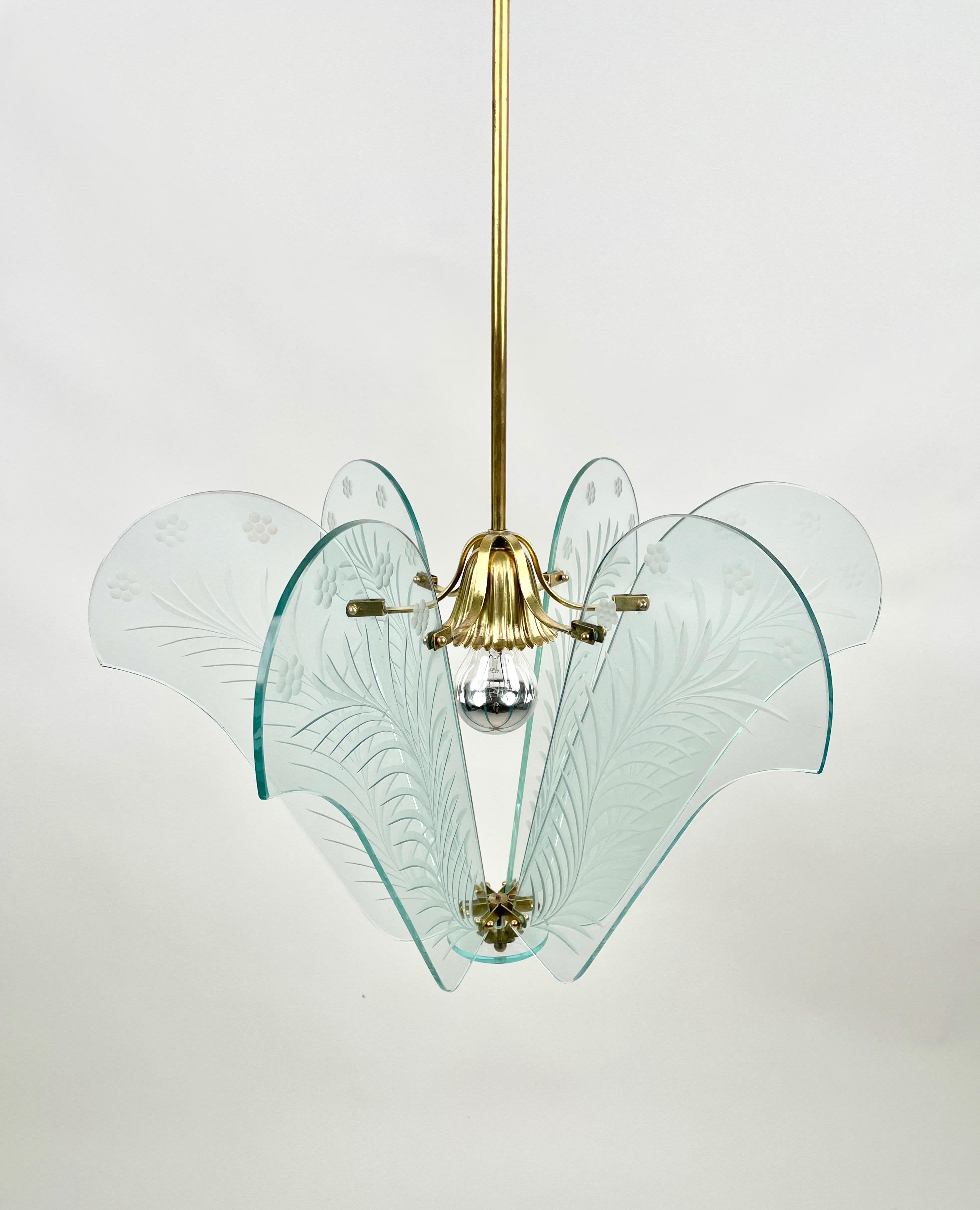 Metal Chandelier Carved Glass and Brass Fontana Arte Style, Italy, 1950s For Sale