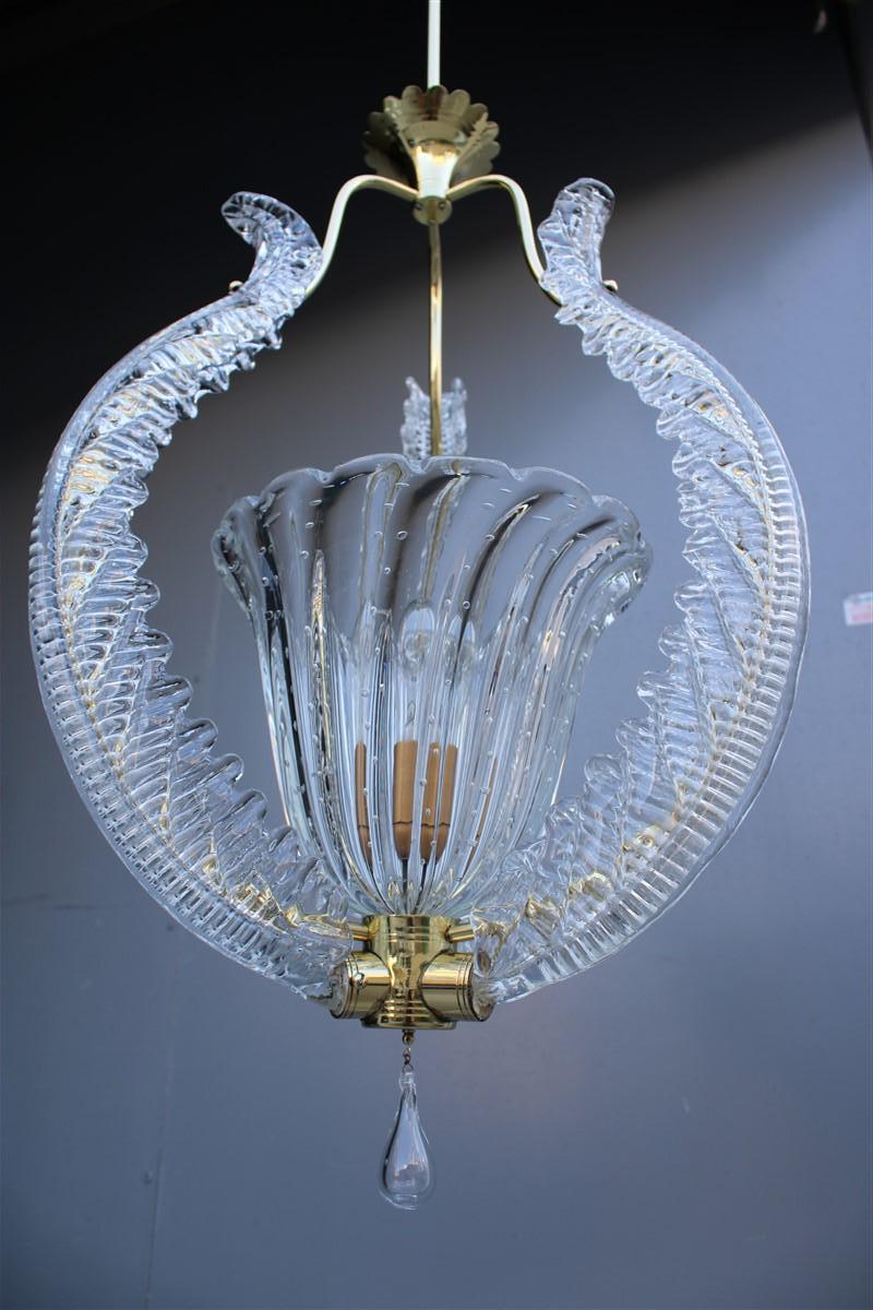 Chandelier Ceiling Lamp Barovier Brass and Murano Glass 1940s Made in Italy  For Sale 9