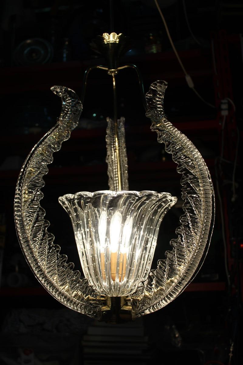 Chandelier Ceiling Lamp Barovier Brass and Murano Glass 1940s Made in Italy  For Sale 11