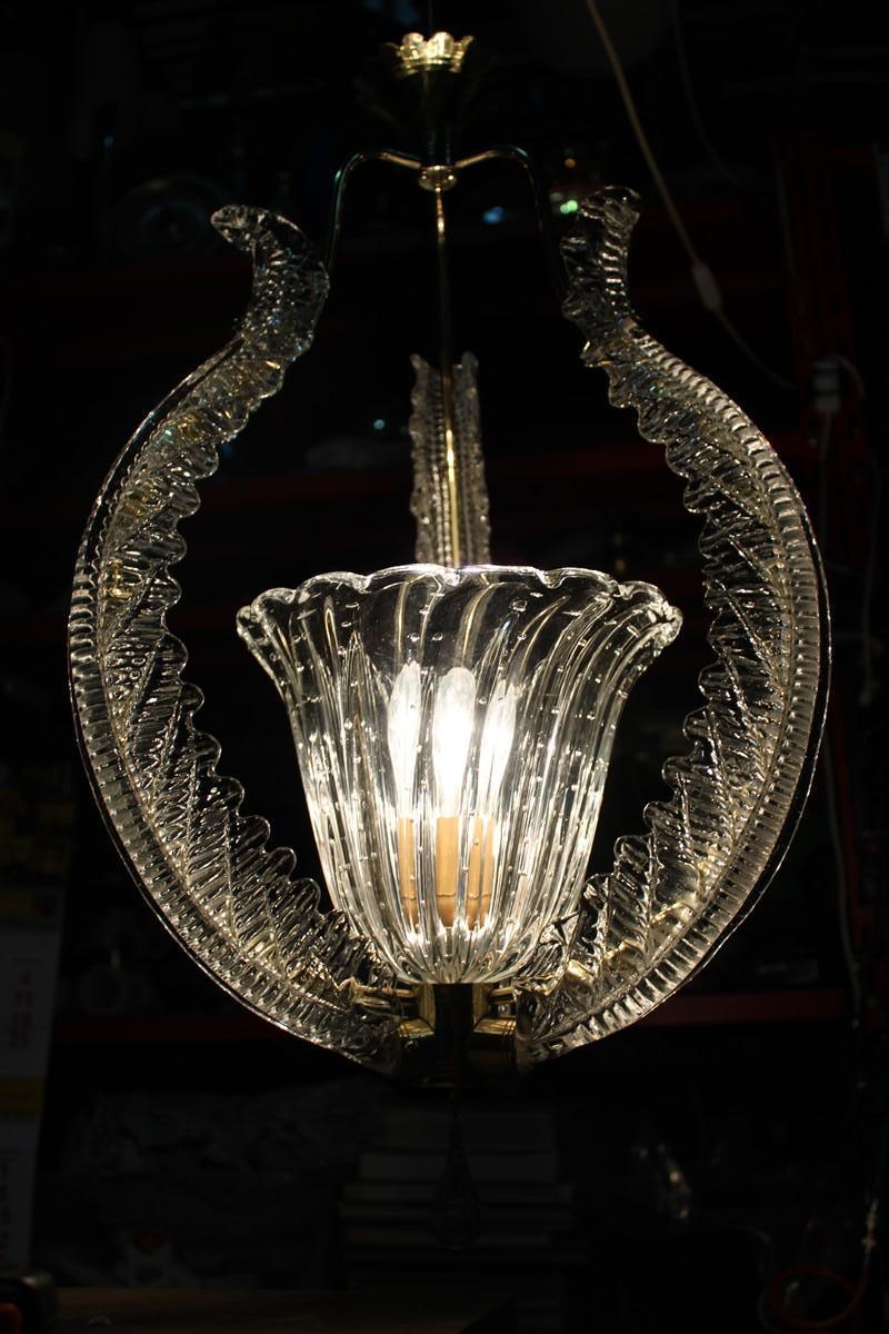 Chandelier Ceiling Lamp Barovier Brass and Murano Glass 1940s Made in Italy  For Sale 13