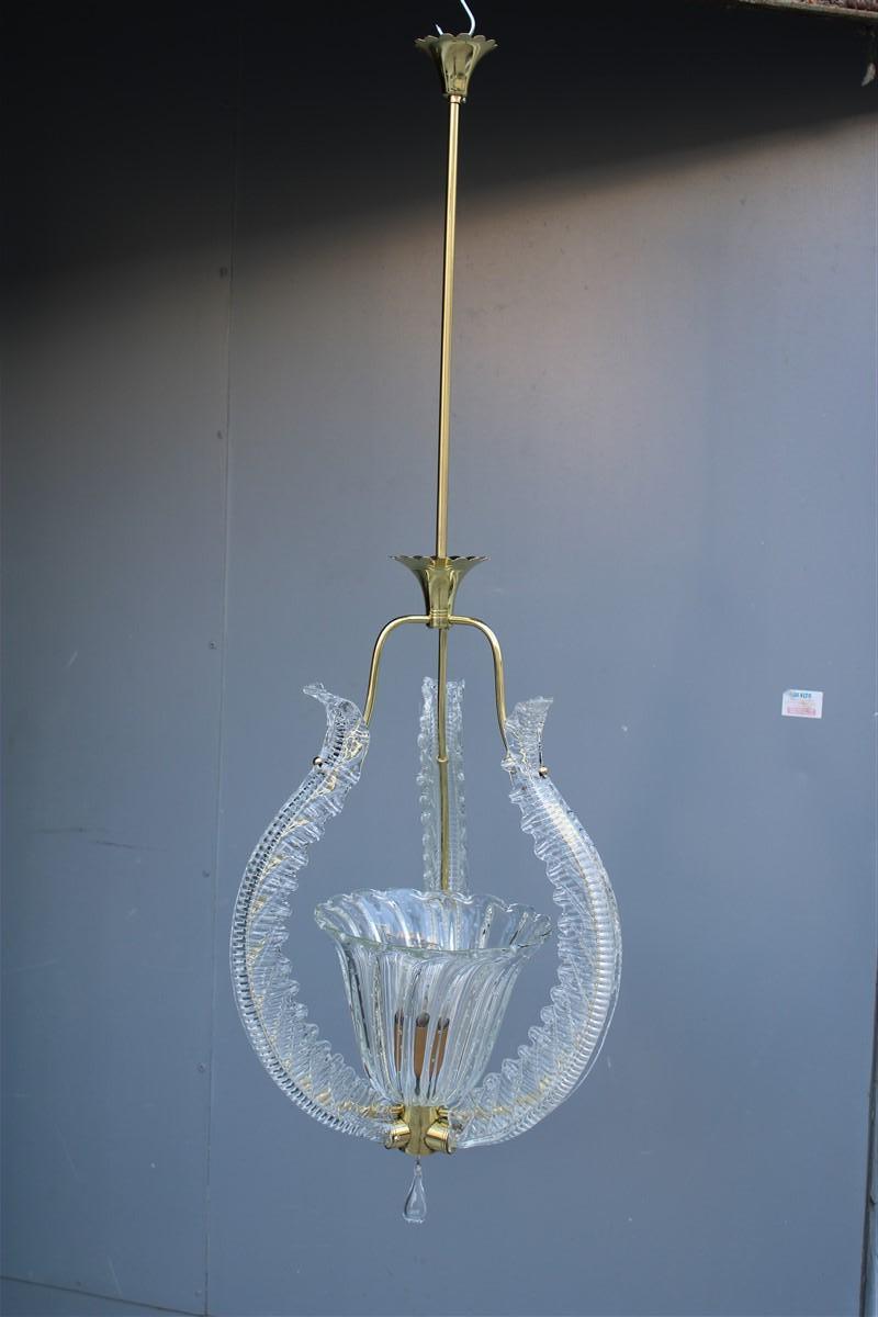 Chandelier Ceiling Lamp Barovier Brass and Murano Glass 1940s Made in Italy 
height only glass cm.50