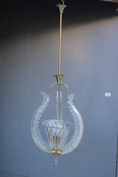 Chandelier Ceiling Lamp Barovier Brass and Murano Glass 1940s Made in Italy