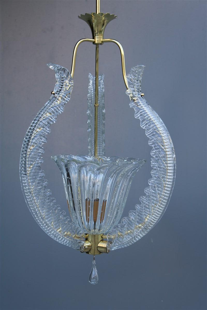 Mid-Century Modern Chandelier Ceiling Lamp Barovier Brass and Murano Glass 1940s Made in Italy  For Sale